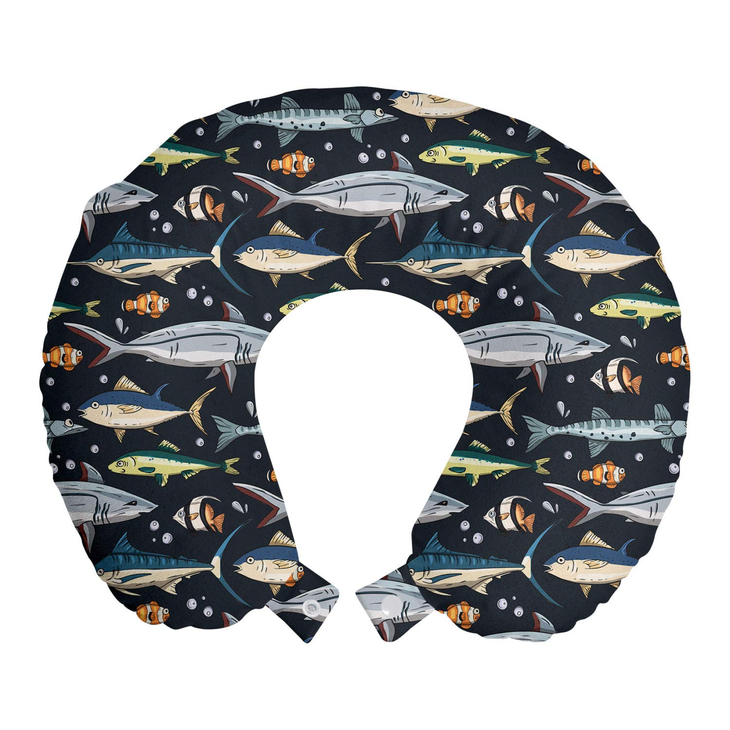 Ambesonne Memory Foam Travel Pillow - Ocean Fish Pattern Neck Support for Airplane, Car & Camping - 12