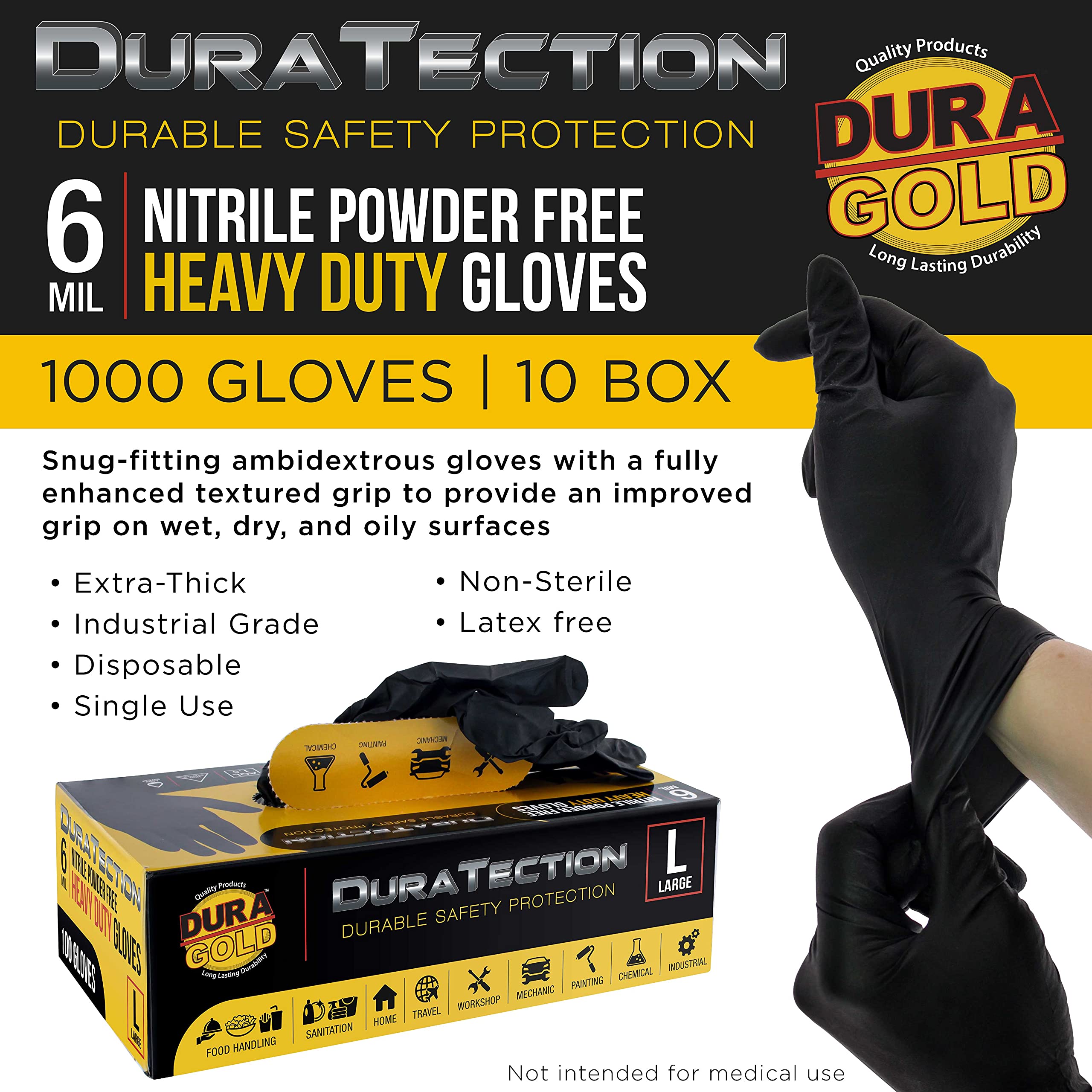 Dura-Gold Heavy Duty Black Nitrile Disposable Gloves - 6 Mil Thick, Latex Free, Powder Free, Textured Grip for Enhanced Safety - Ideal for Medical, Food Service, Cleaning & Industrial Use
