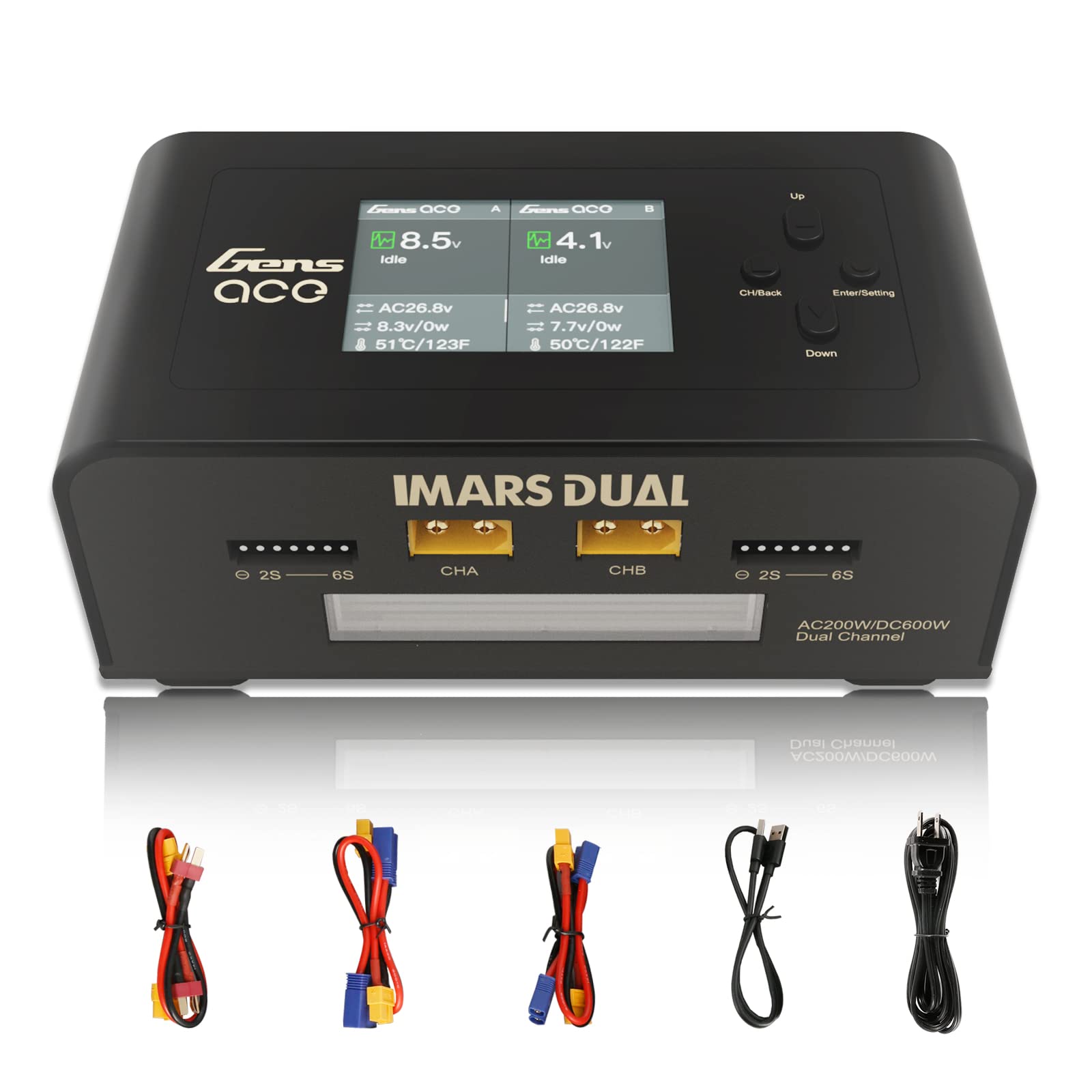Gens Ace Lipo Battery Charger - Imars Dual Smart Charger 15A AC 200W DC 600W for RC Cars, Drones, and Airplanes (Black) - Fast Charging for Hobbyists and Professionals