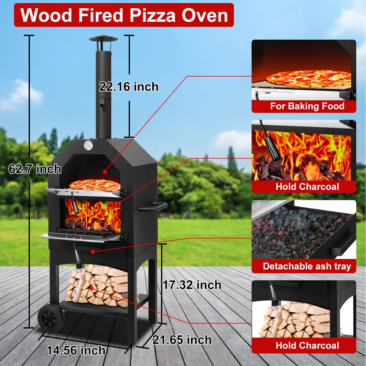 Portable Wood Fired Pizza Oven for Outdoor Cooking - Stainless Steel Backyard Pizza Maker with Pizza Stone, Peel, Grill Rack & Waterproof Cover - Perfect for Camping, Patio Parties & Garden BBQs