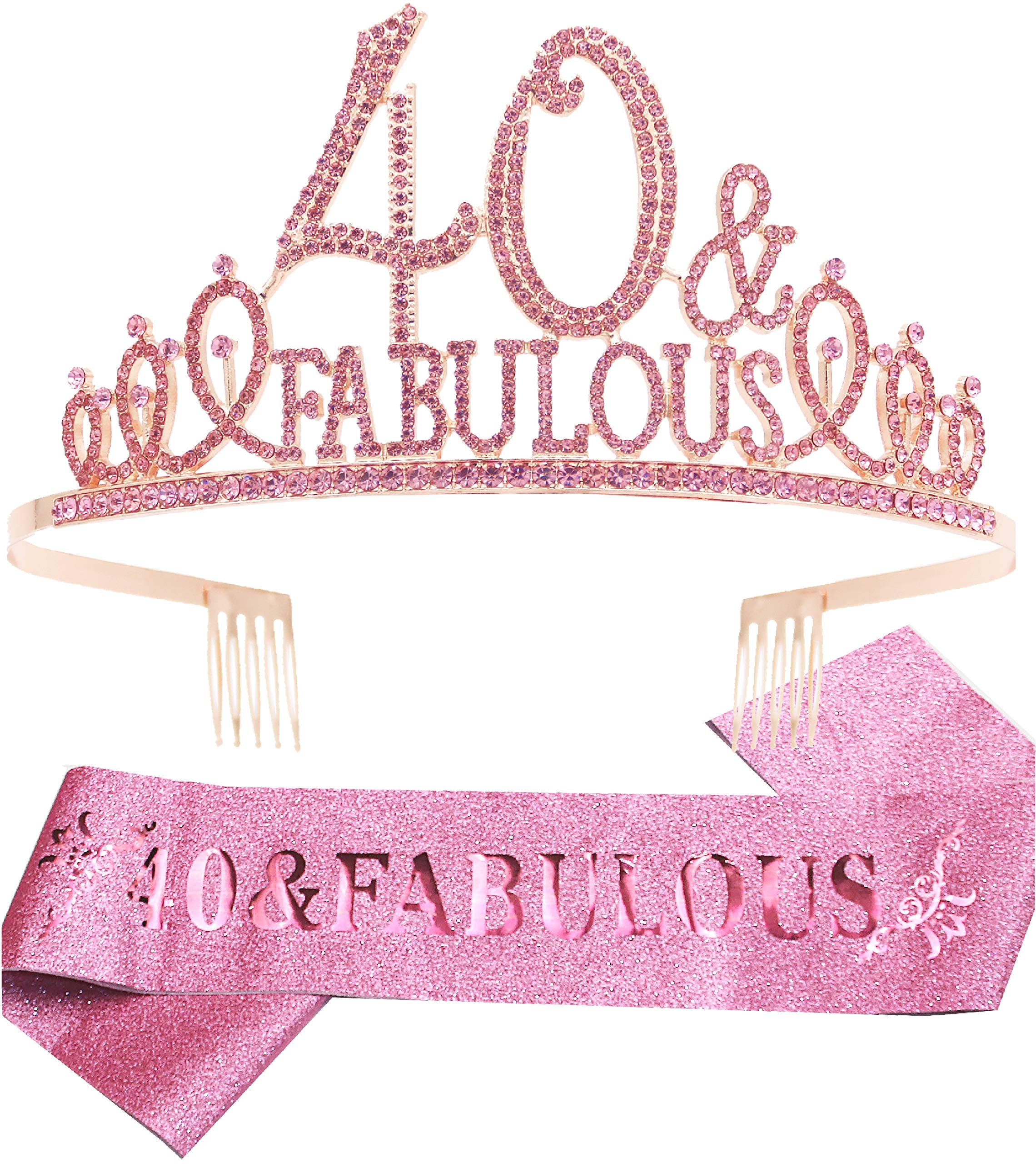 40th Birthday Tiara and Sash Set - Sparkling Pink Rhinestone Crown & 