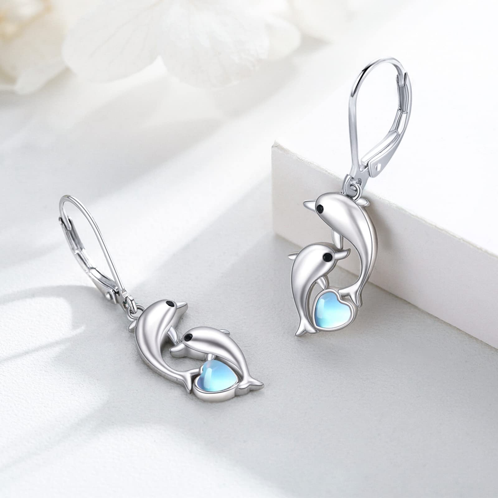 Sterling Silver Dolphin Hoop Earrings with Blue Heart Crystals - Hypoallergenic Dangle Earrings for Women, Sensitive Ears Jewelry - Perfect Nautical Gift for Best Friend, Ocean Lover & Sailor Theme Outfits