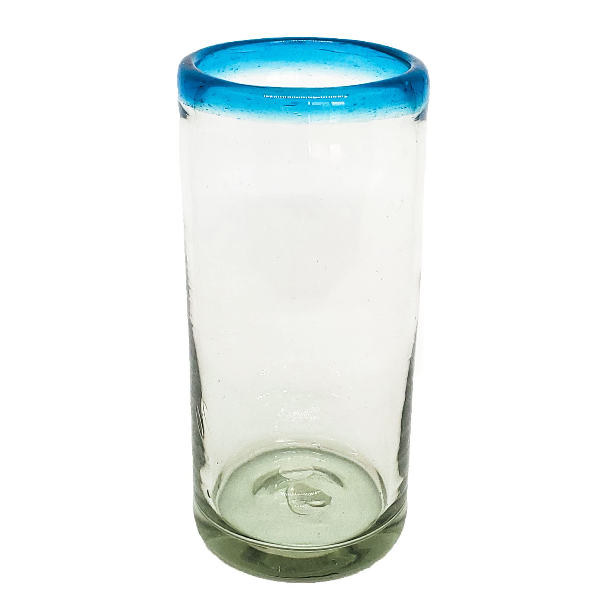 Premium 20 oz Aqua Blue Rim Tall Iced Tea Glasses - Set of 6 Handmade Mexican Recycled Glass Cups | Lead-Free & Non-Toxic | Perfect for Iced Tea, Lemonade, Cocktails & Summer Beverages