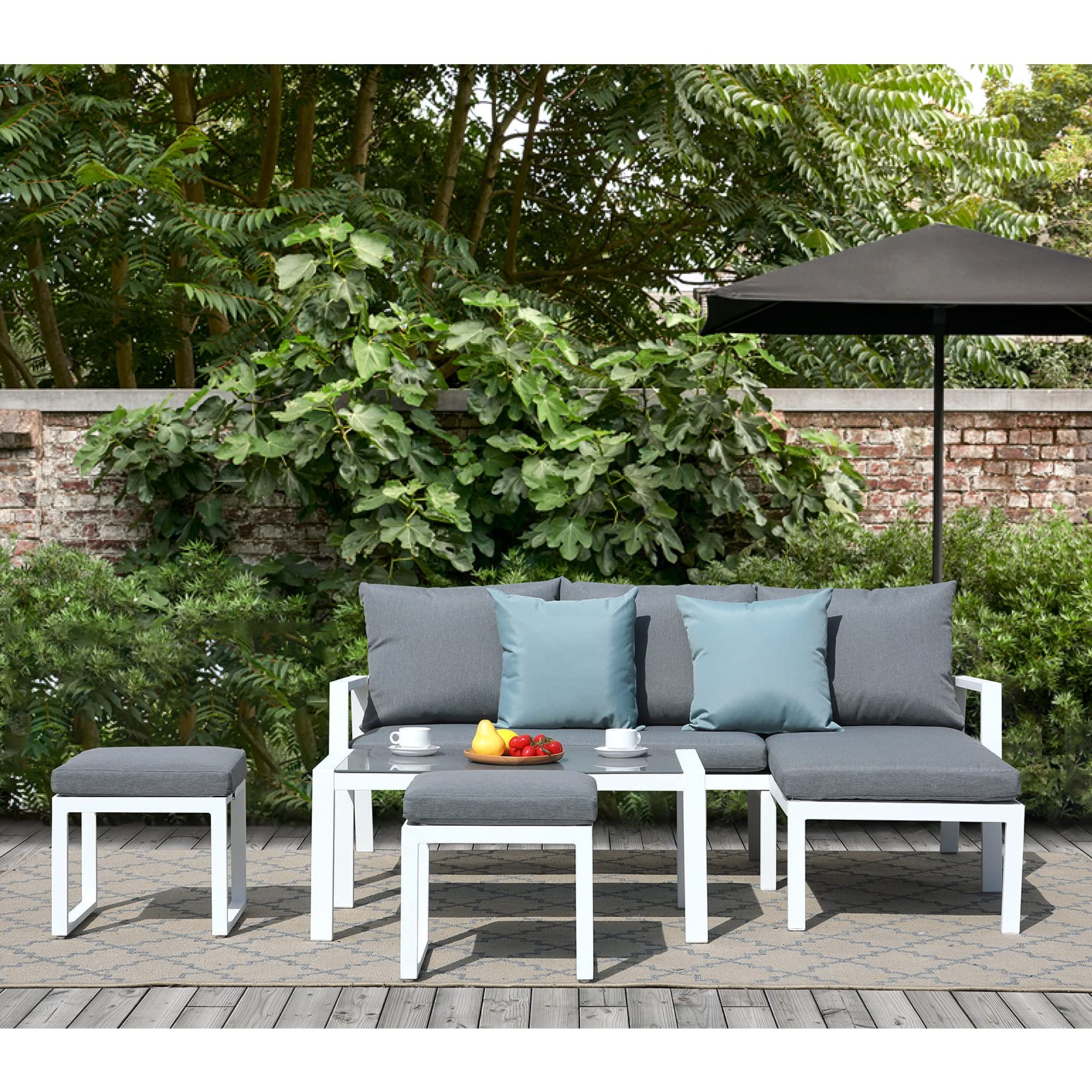 Outdoor Ottomans Set of 2 - Aluminum Patio Footstools with Grey Cushions, White Frame Garden Furniture for Yard, Deck & Poolside | Perfect for Relaxing by the Pool, Outdoor Entertaining & Backyard Lounging