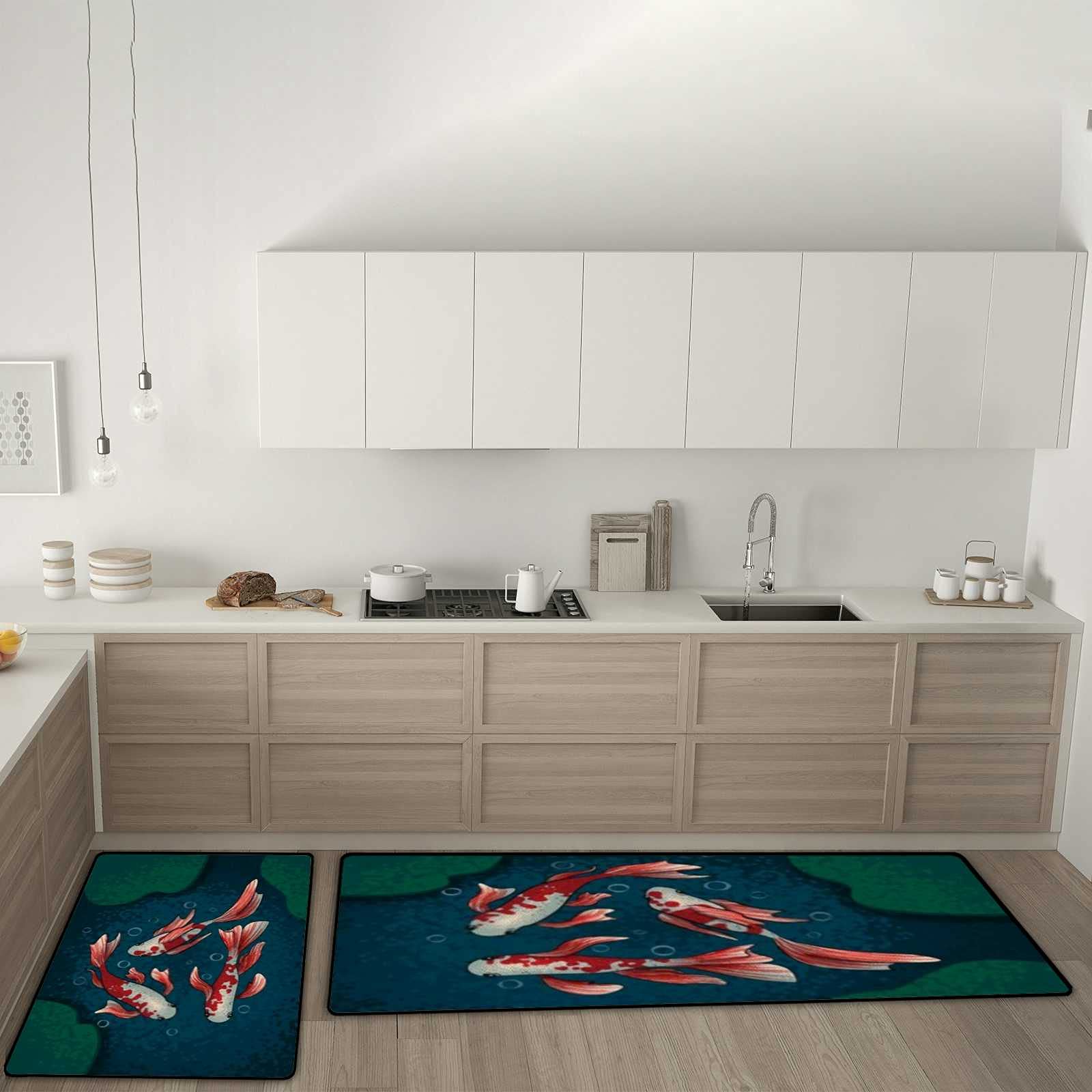 2-Piece Anti-Fatigue Kitchen Rugs and Mats Set - Non-Slip Washable Floor Mats with Asian Koi Fish Design for Comfortable Standing - Perfect for Kitchen, Home, and Office Workspaces