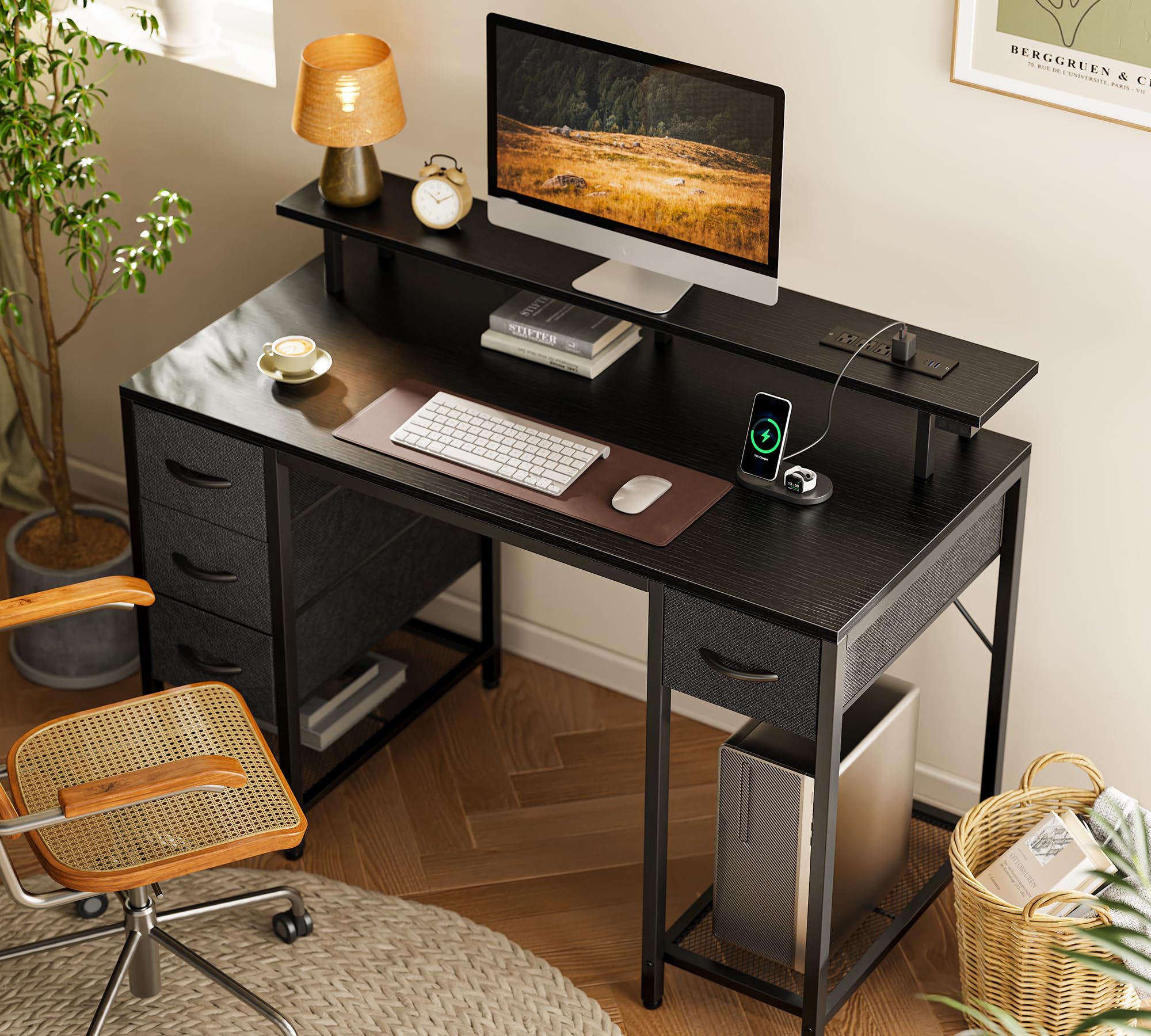 Huuger 47 inch LED Gaming Desk with Power Outlets & 4 Drawers - Black Home Office Computer Desk with Large Storage Space for Bedroom, Work from Home | Perfect for Gaming Setup, Remote Work & Study
