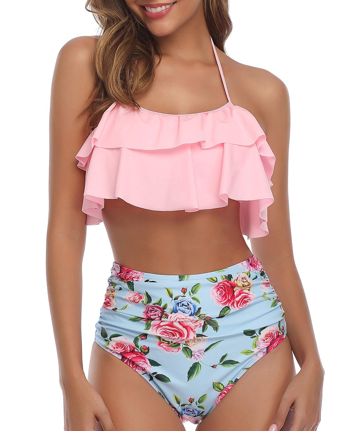 Tempt Me Women's High Waisted Bikini Set - Ruffle Tummy Control Two Piece Swimsuits with Halter Top | Perfect for Beach Vacation, Pool Party & Summer Getaway