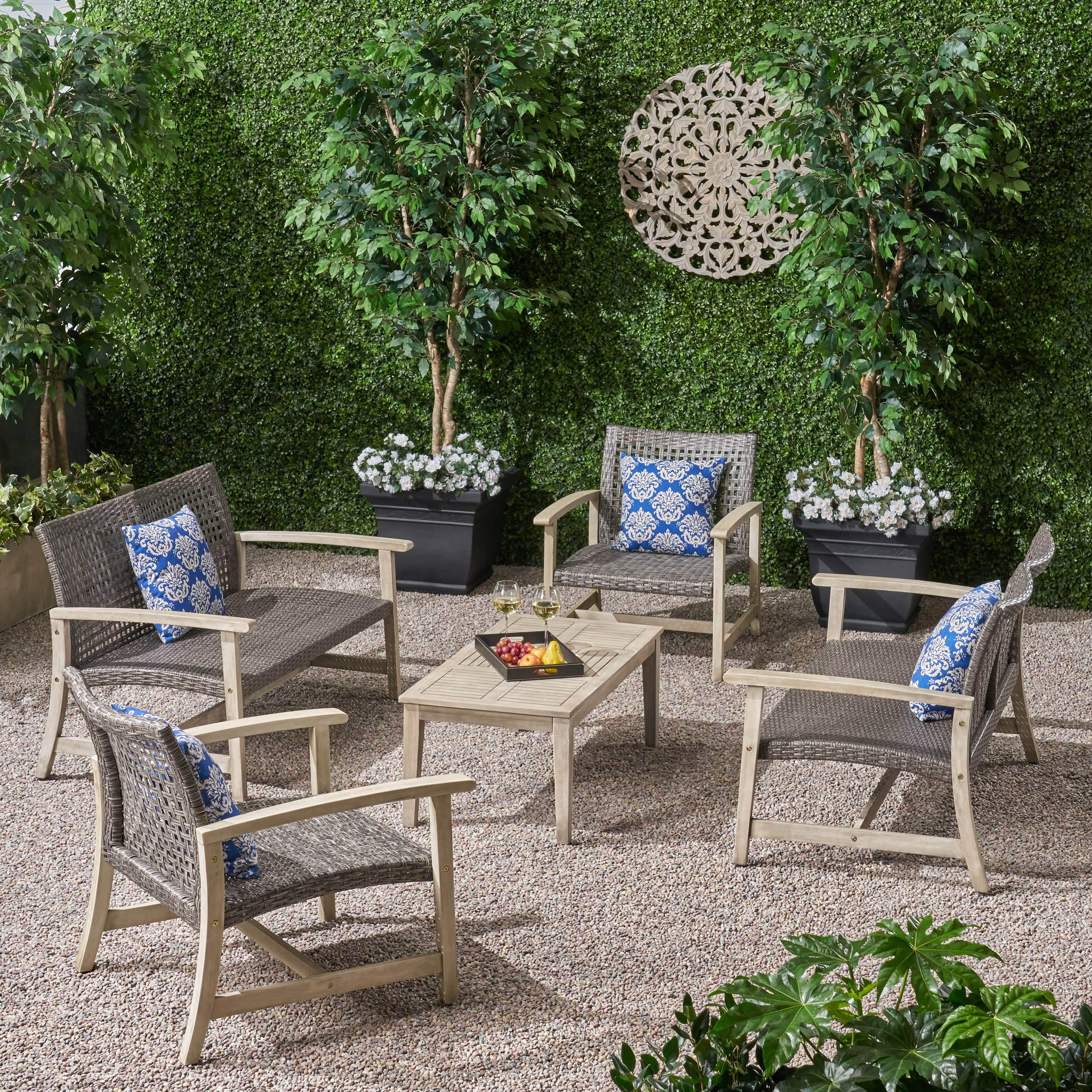 GDFStudio 5-Piece Outdoor Wood and Wicker Loveseat Chat Set in Black - Patio Furniture for Garden, Deck, and Backyard Relaxation