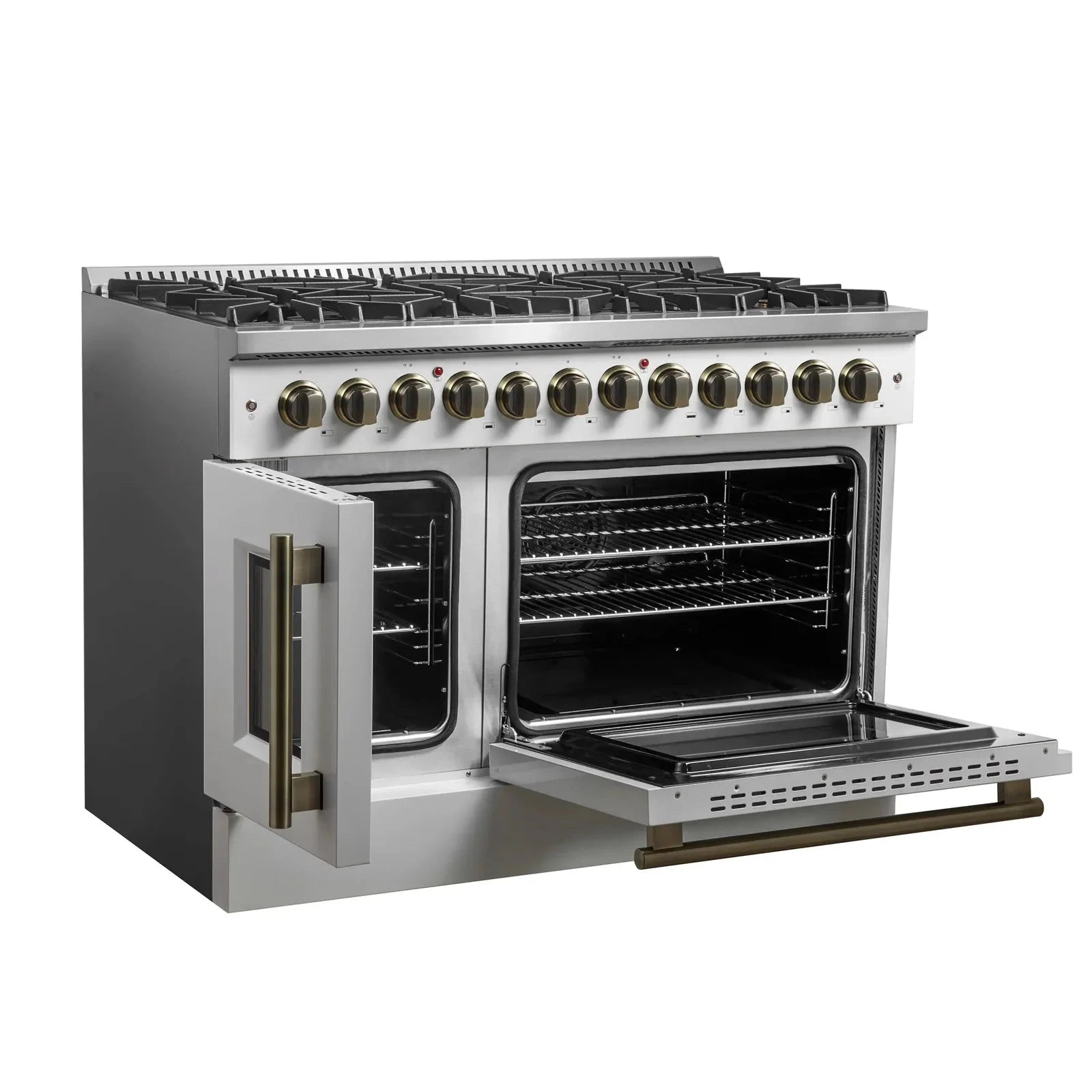 Forno Galiano 48-Inch French Door Dual Fuel Range - 8 Burner Gas Cooktop with Electric Convection Oven - White Antique Brass Trim (Model FFSGS6356 48WHT) - Perfect for Gourmet Kitchens & Professional Chefs