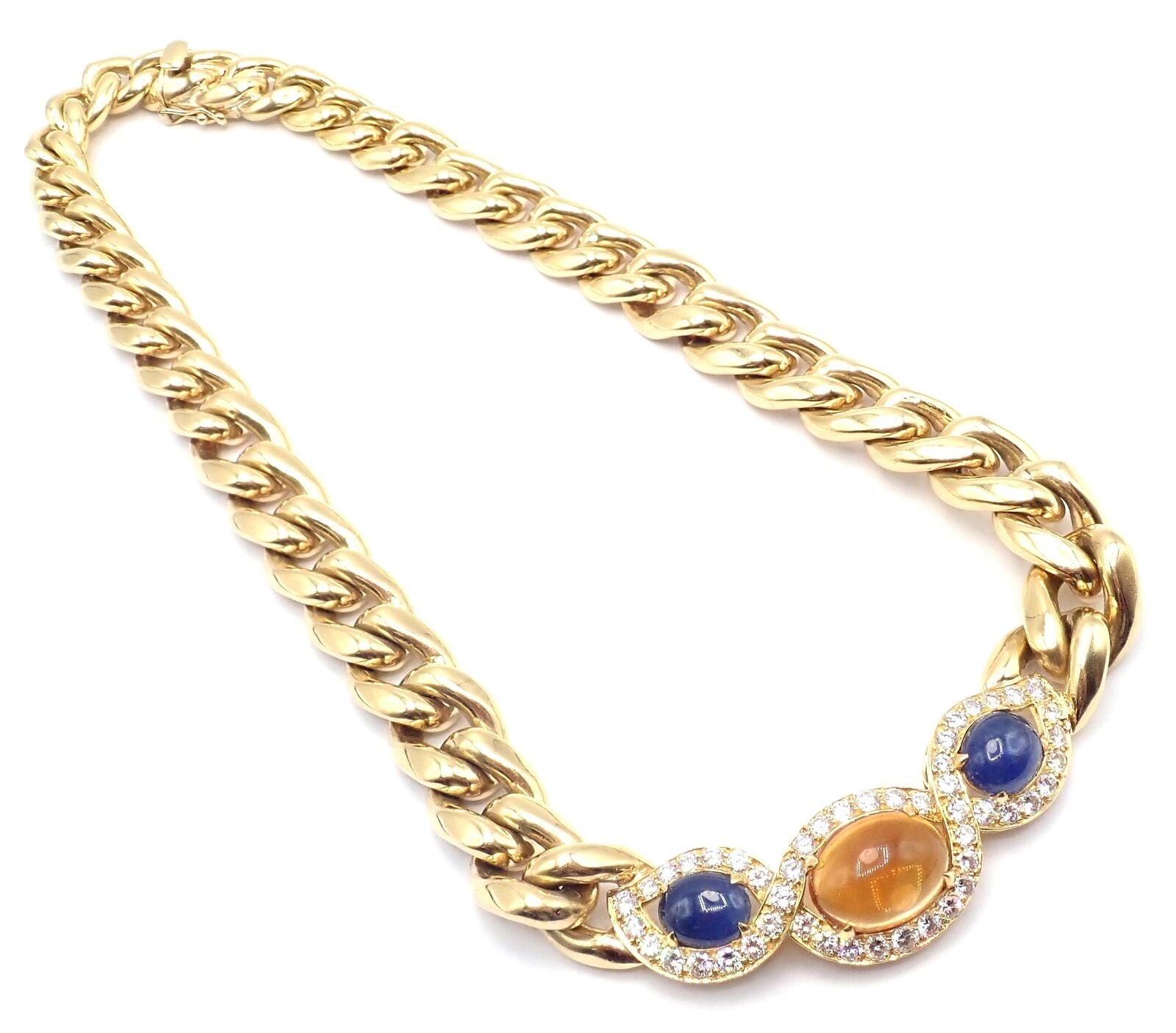 Bvlgari Bulgari 18k Yellow Gold Diamond Citrine Sapphire Link Necklace - Luxury Italian Jewelry for Women, Perfect for Weddings, Parties & Special Occasions