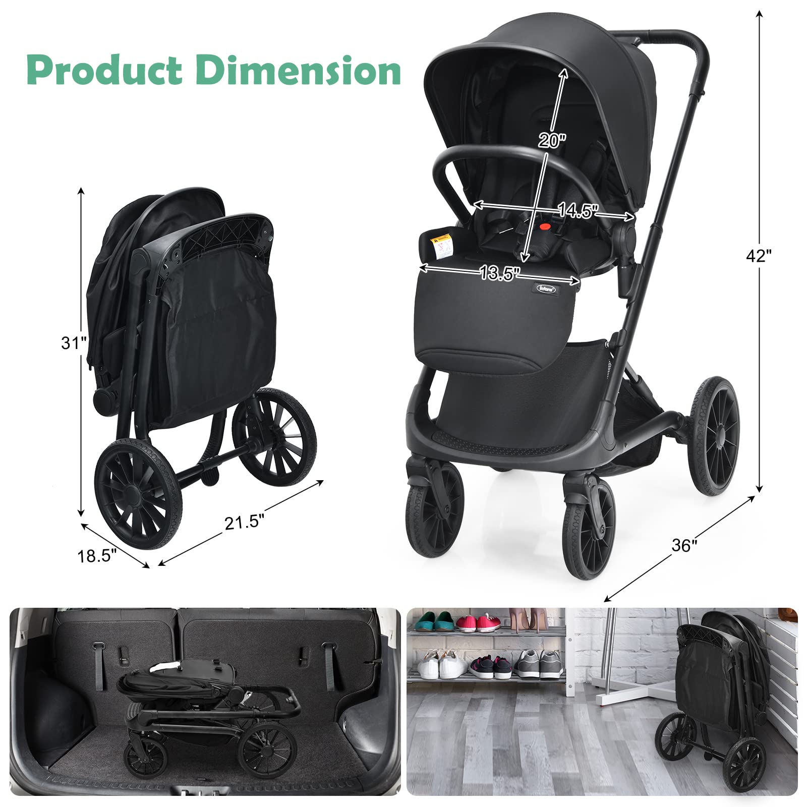 INFANS 2-in-1 Convertible Baby Stroller | Lightweight Aluminum Frame & One-Hand Quick Fold | Adjustable Canopy & Footrest | Large Storage Basket | 5-Point Safety Harness (Black) - Perfect for Newborns, Toddlers, Travel, Shopping & Outdoor Walks