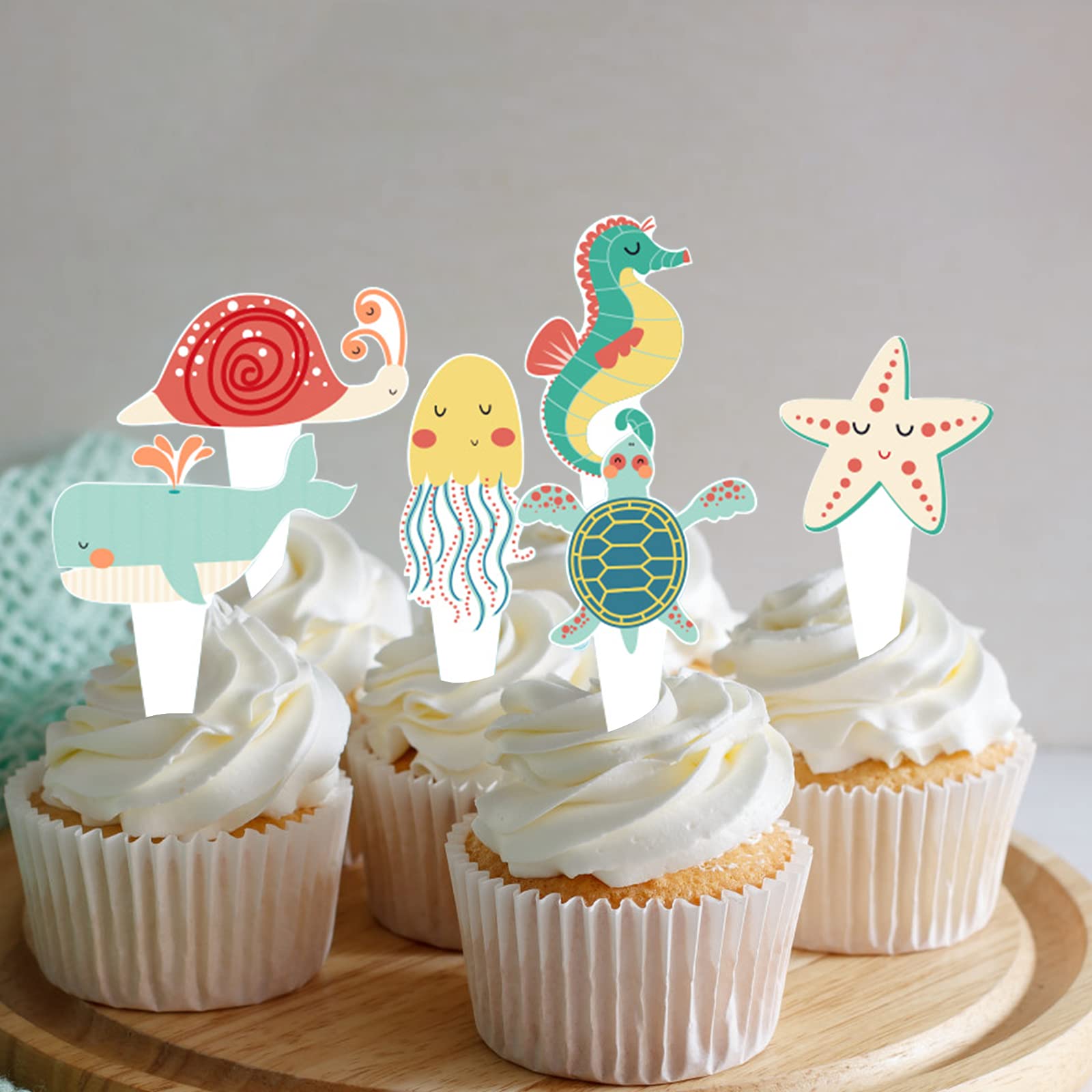24 Pcs Sea Animal Cupcake Toppers - Ocean Theme Birthday Party Decorations, Under the Sea Baby Shower Supplies for Cake Decor, Dessert Table & Nautical Themed Events