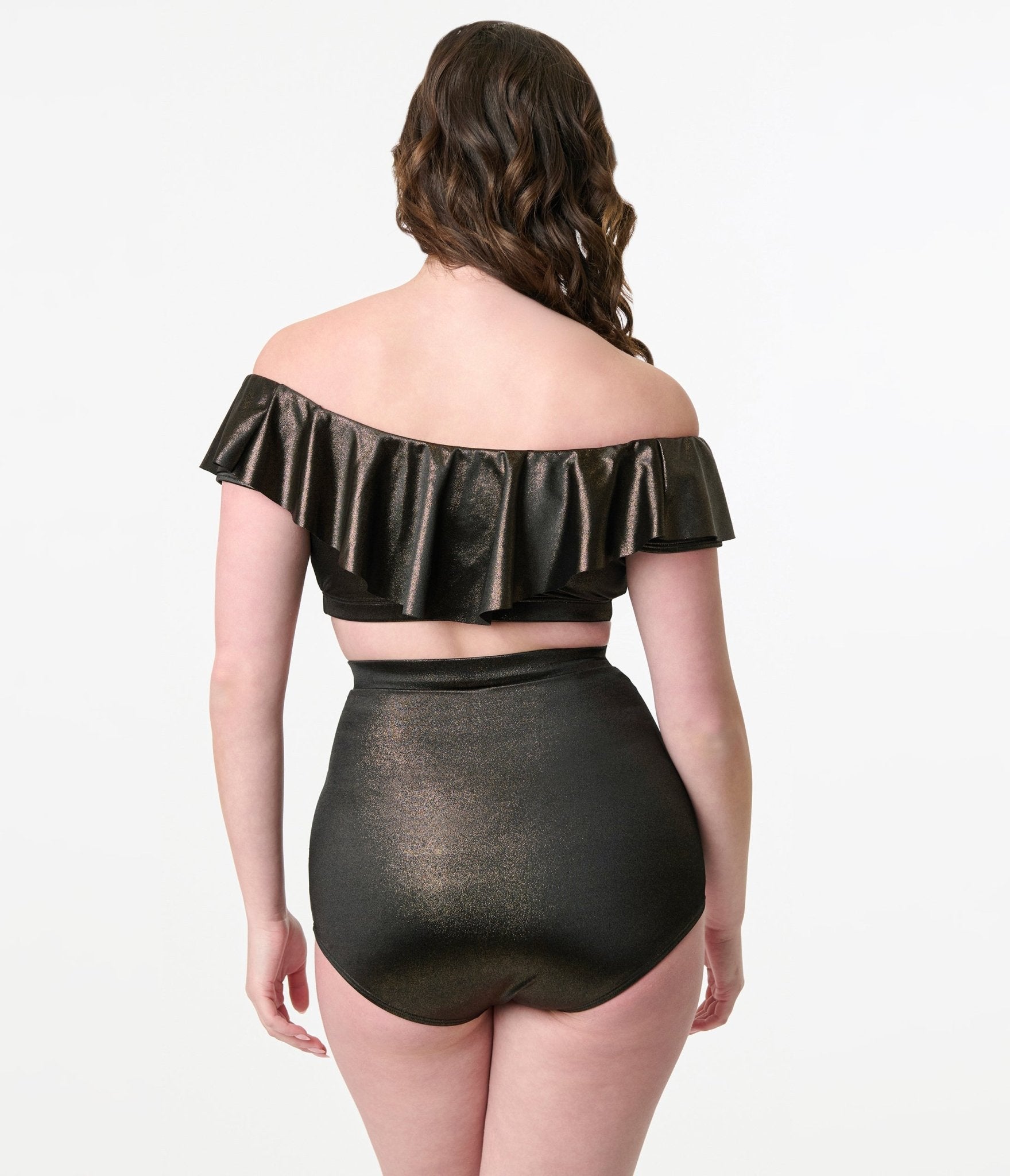 Vintage Black & Gold Shimmer High Waist Bikini Bottom - Retro Swimwear for Women, Beach Vacation & Pool Party Essentials