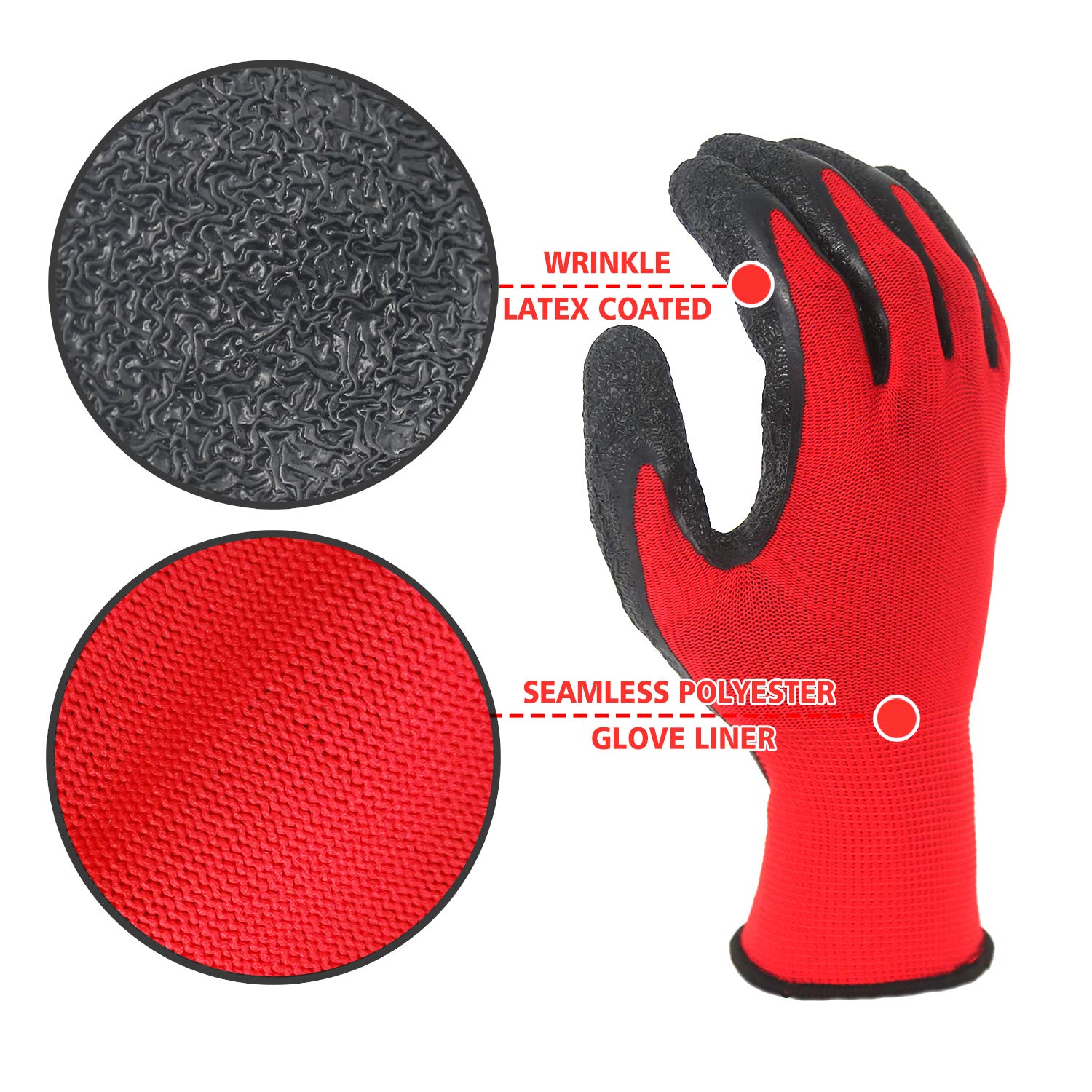 Evridwear Crinkle Latex Rubber Coated Work Gloves - Heavy Duty Safety Gloves for Men & Women - XL Size (120 Pairs) - Ideal for Construction, Warehouse, Gardening, Landscaping & DIY Projects - Red