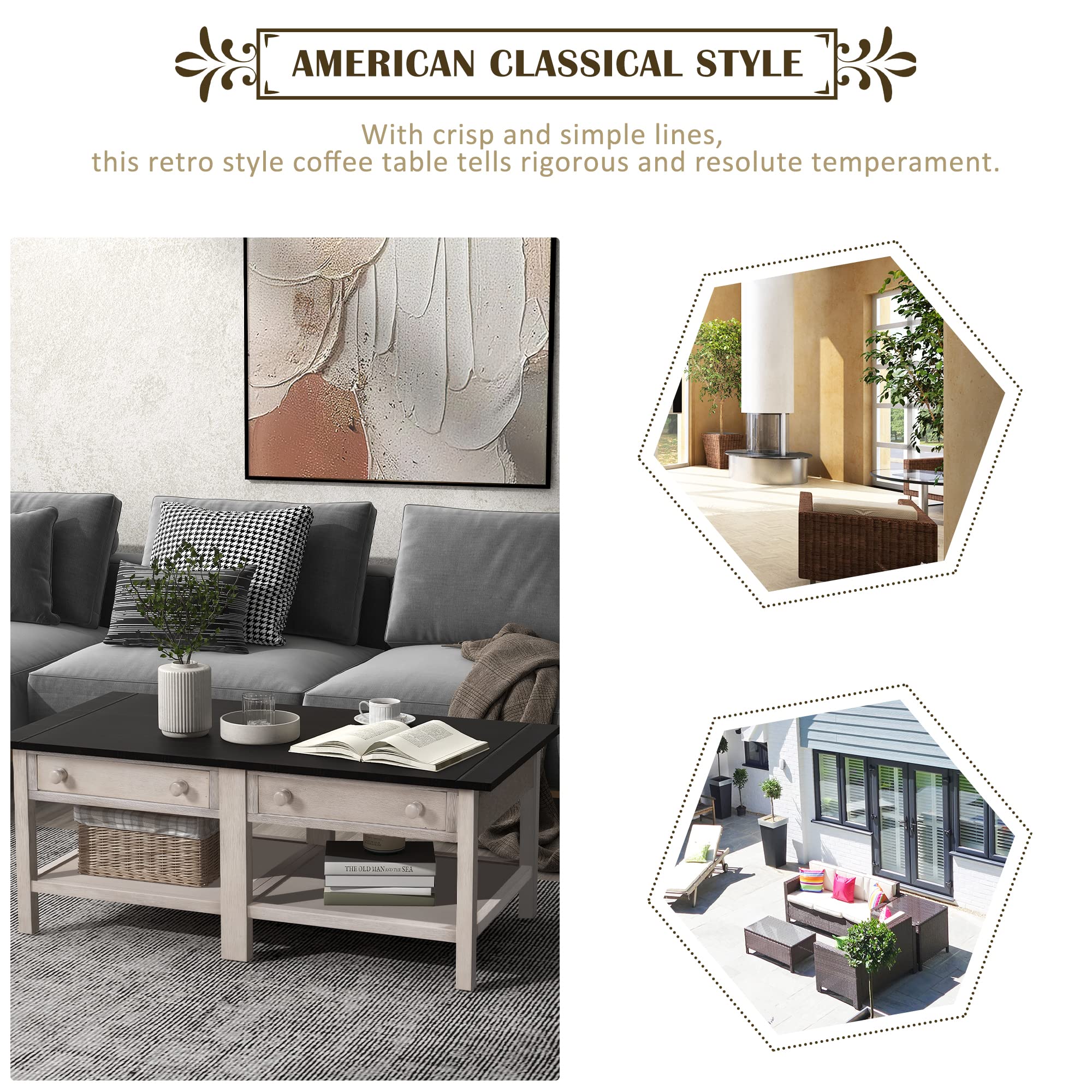 Solid Wood Coffee Table with 2 Drawers & Open Shelf - Large Storage, Classic American Style Cocktail Table for Living Room, Office, or Lounge (Espresso & White Finish) - Perfect for Entertaining Guests, Holding Drinks & Displaying Decor