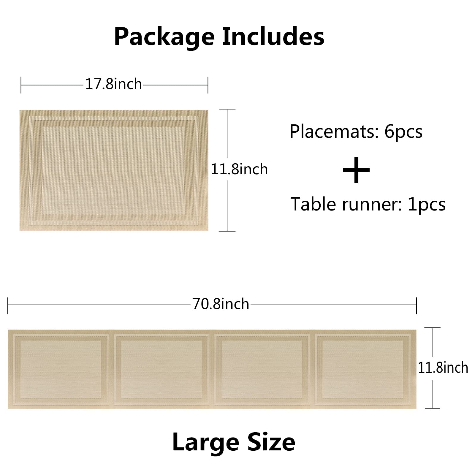 Washable PVC Placemats Set - 6 Woven Vinyl Table Mats + 1 Beige Table Runner for Dining Room, Kitchen & Outdoor Use - Waterproof & Durable Tableware Accessories