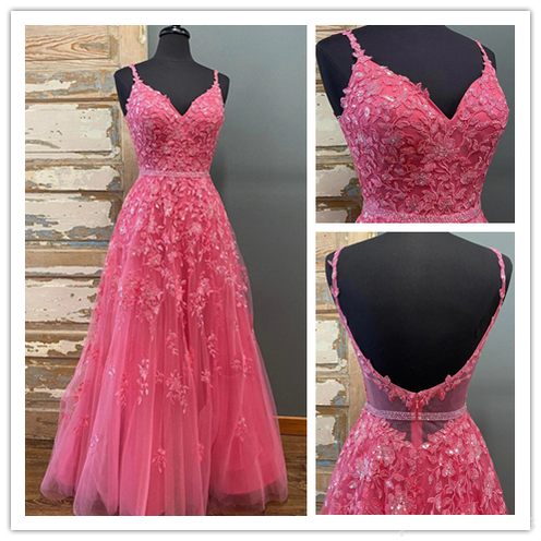 Elegant Hot Pink A-Line Spaghetti Strap V-Neck Long Prom Dress for Women - Perfect for Homecoming, Formal Events & Evening Parties