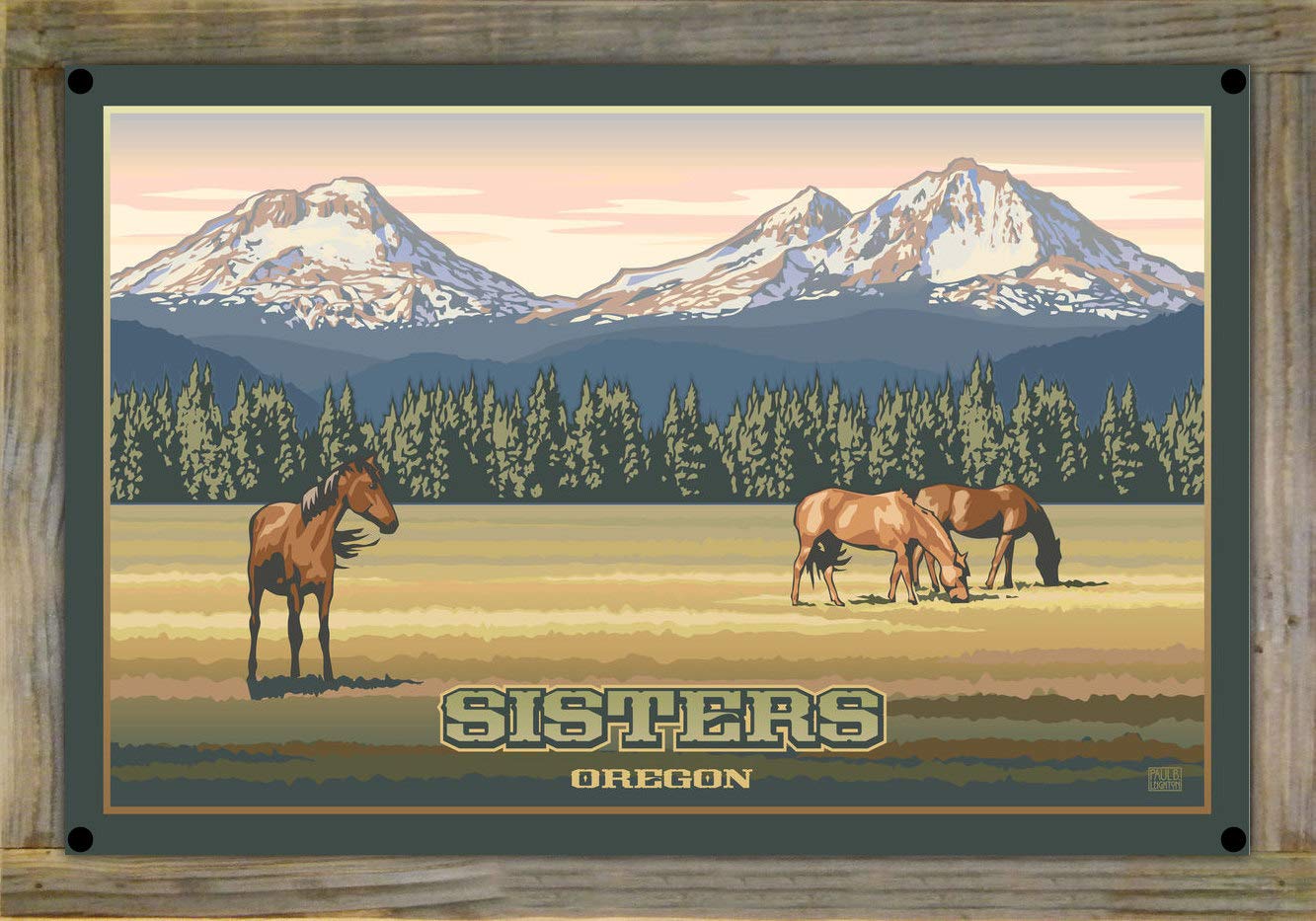 Paul Leighton Oregon Mountains Metal Print on Reclaimed Barn Wood - 11.5x17.5 Inch Travel Artwork - Northwest Art Mall Sisters Collection - Perfect for Rustic Home Decor & Cabin Wall Art