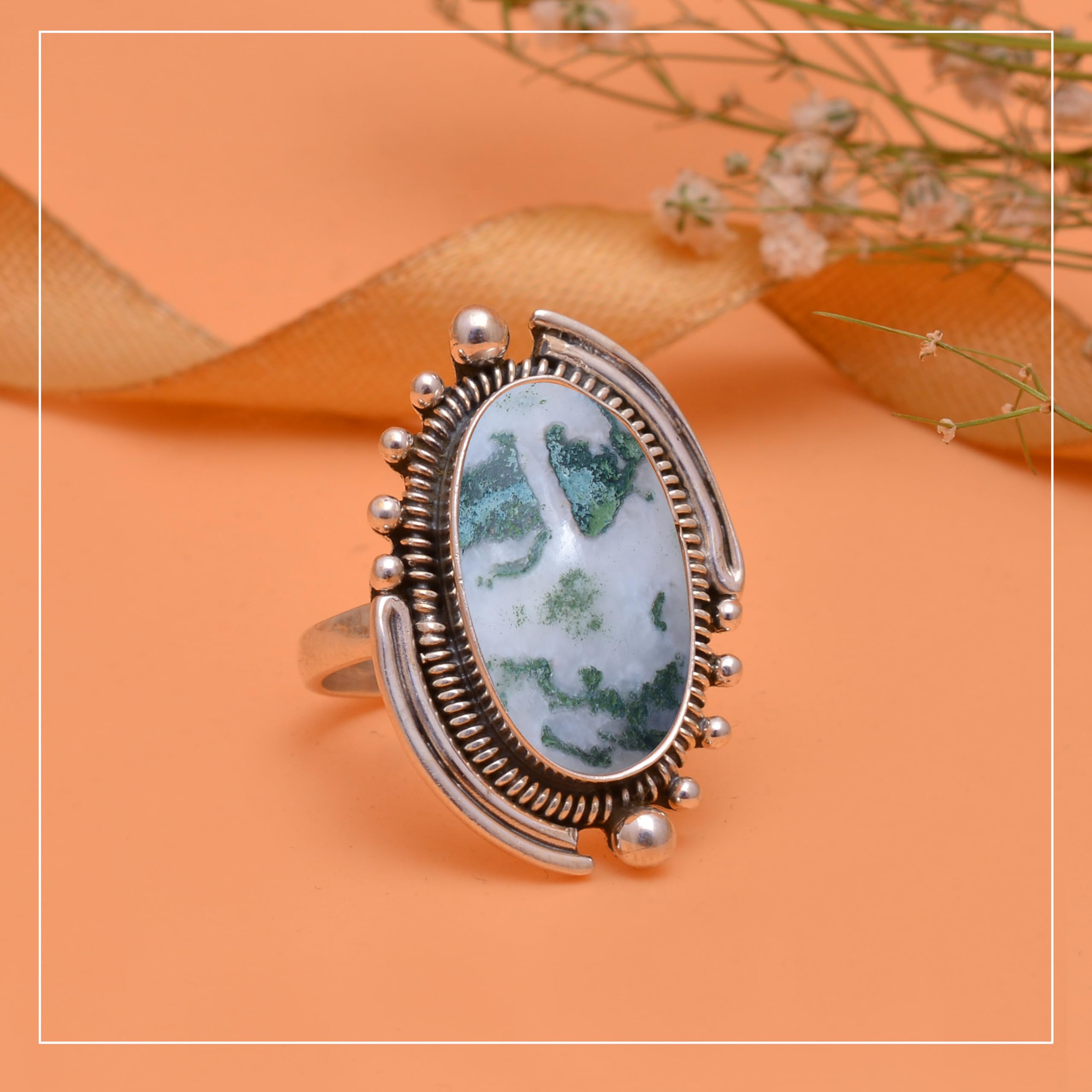 Veracity Jewelry Moss Agate Rings for Women - 925 Sterling Silver Healing Meditation Rings with Natural Green White Gemstone - VSR-543 | Spiritual Jewelry, Yoga Accessories, Gift for Her