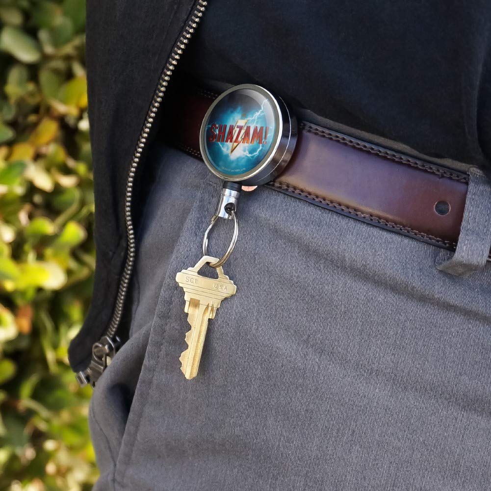 Shazam! Movie Logo Heavy Duty Metal Retractable ID Badge Holder - Key Card Reel with Belt Clip for Work Security, Events & Cosplay
