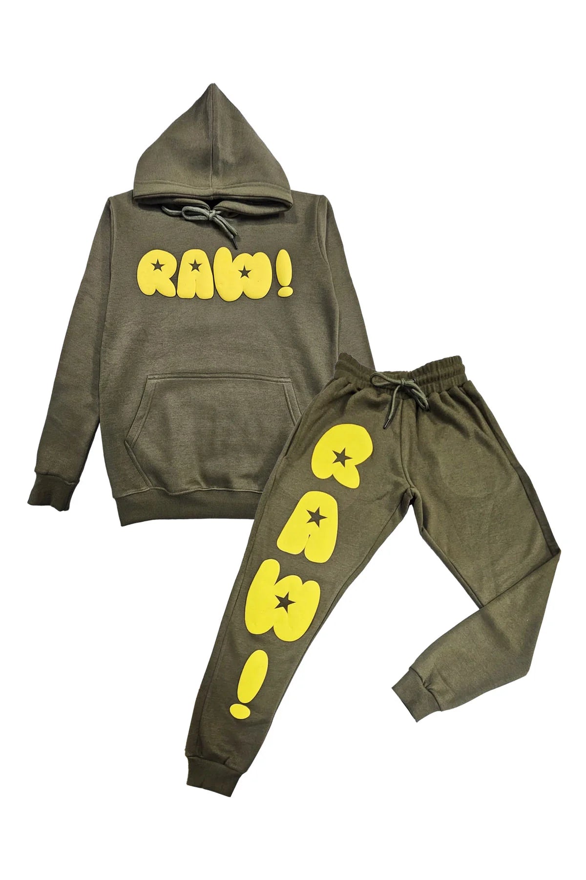 Rawyalty Men's RAW Star Yellow Puff Hoodie and Joggers Set - Streetwear Outfit for Casual Wear, Gym & Lounge