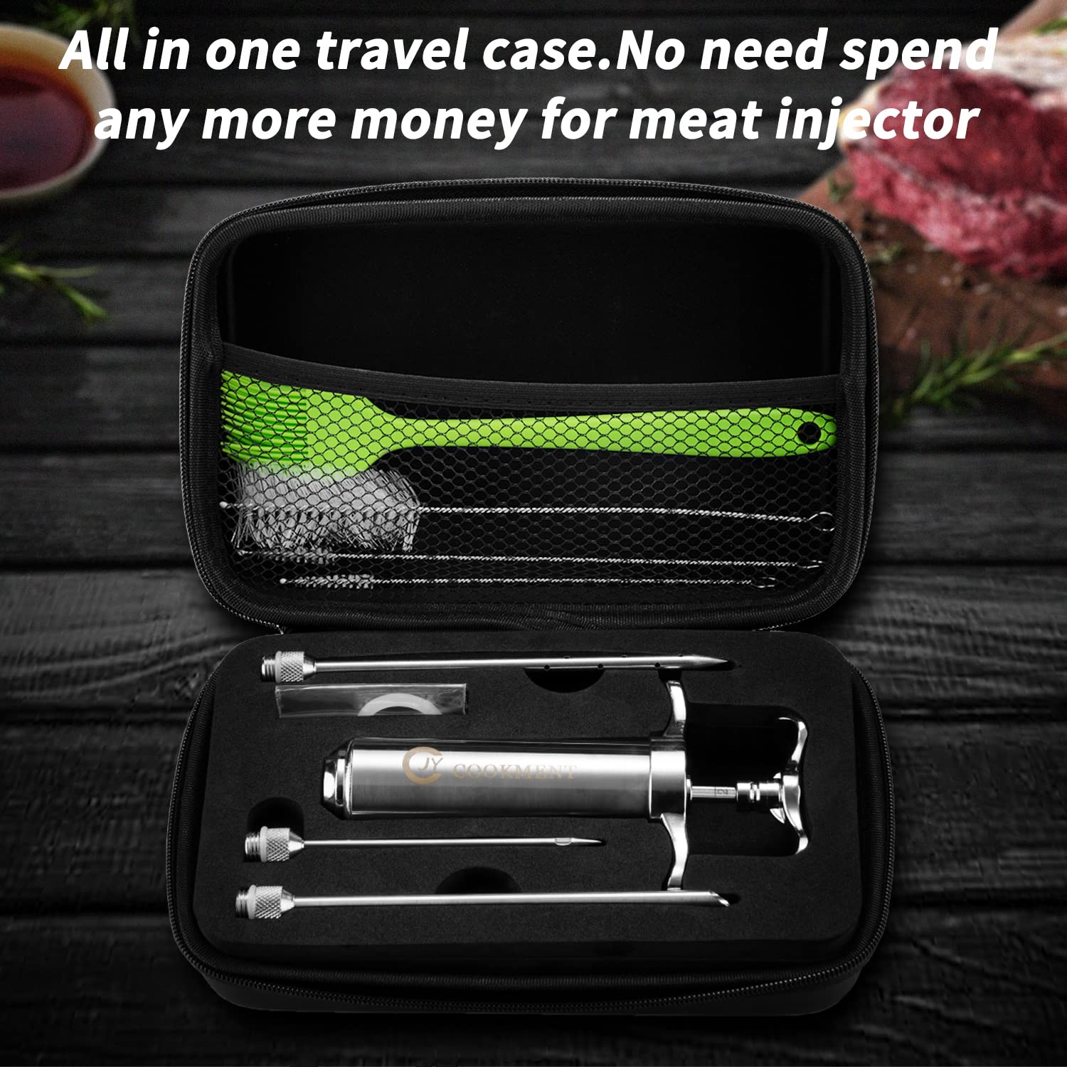 Premium 2-oz Stainless Steel Meat Injector Syringe with 3 Needles & Travel Case - Perfect for BBQ, Grilling, Smoking Turkey & Brisket - Includes Paper Instructions & Free E-book by JY COOKMENT - Ideal for Home Chefs, Outdoor Cooking & Holiday Meals