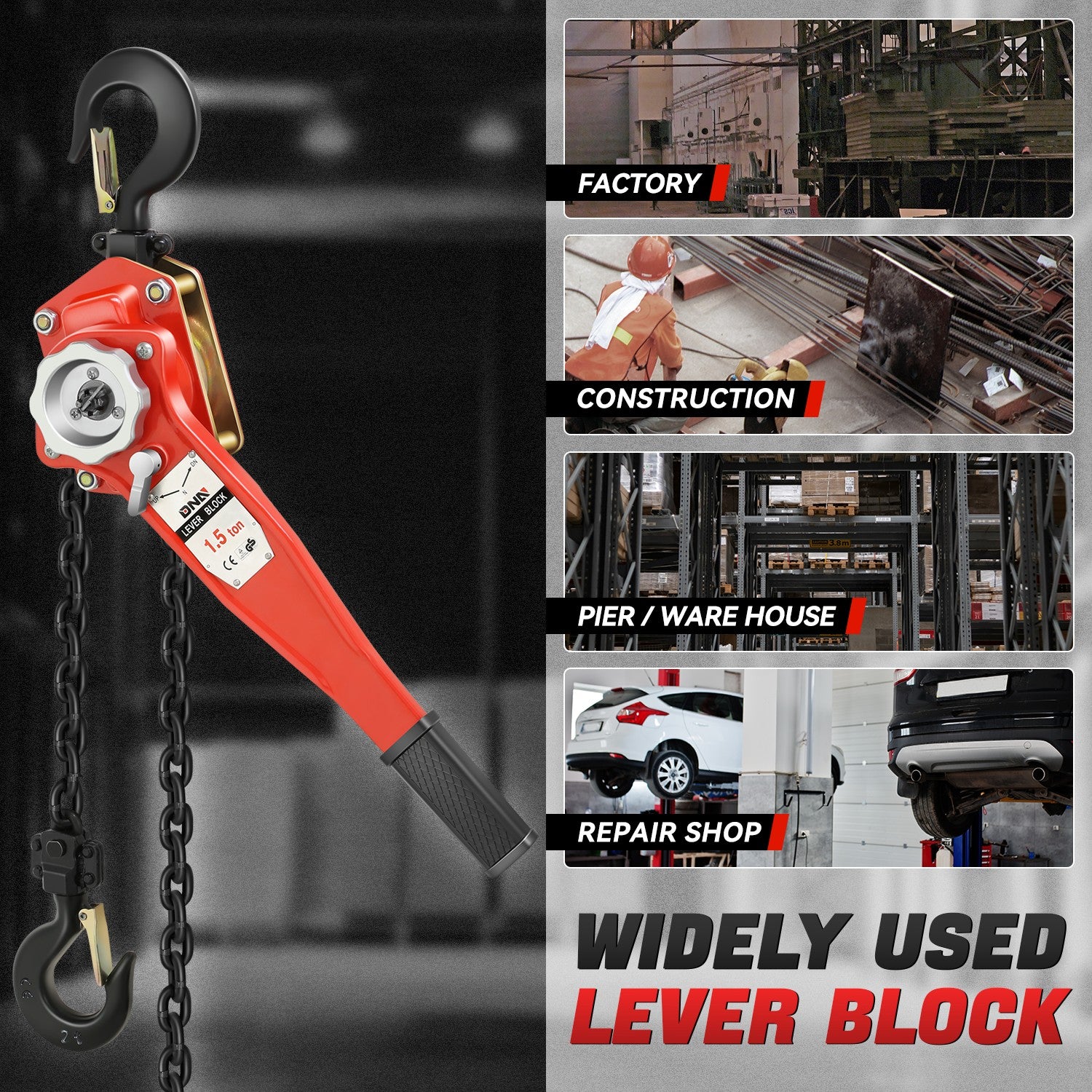 1.5 Ton Lever Block with 5 ft Chain Hoist & Hook - Heavy Duty Lifting Tool (6.6