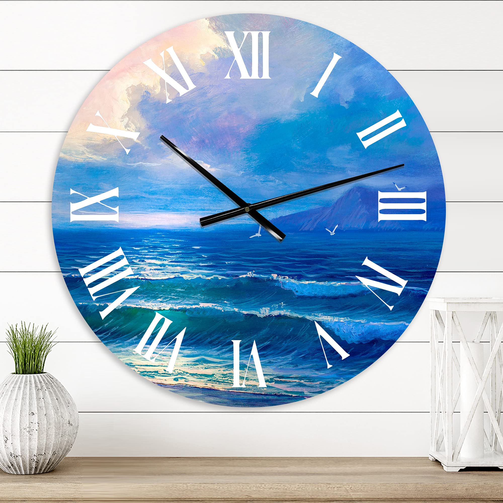 DesignQ Nautical Coastal Wall Clock - 'Morning Sunlight on Sea Waves' Blue Round Clock for Living Room, Kitchen, Office & Beach House Decor | Silent Non-Ticking, Battery Operated