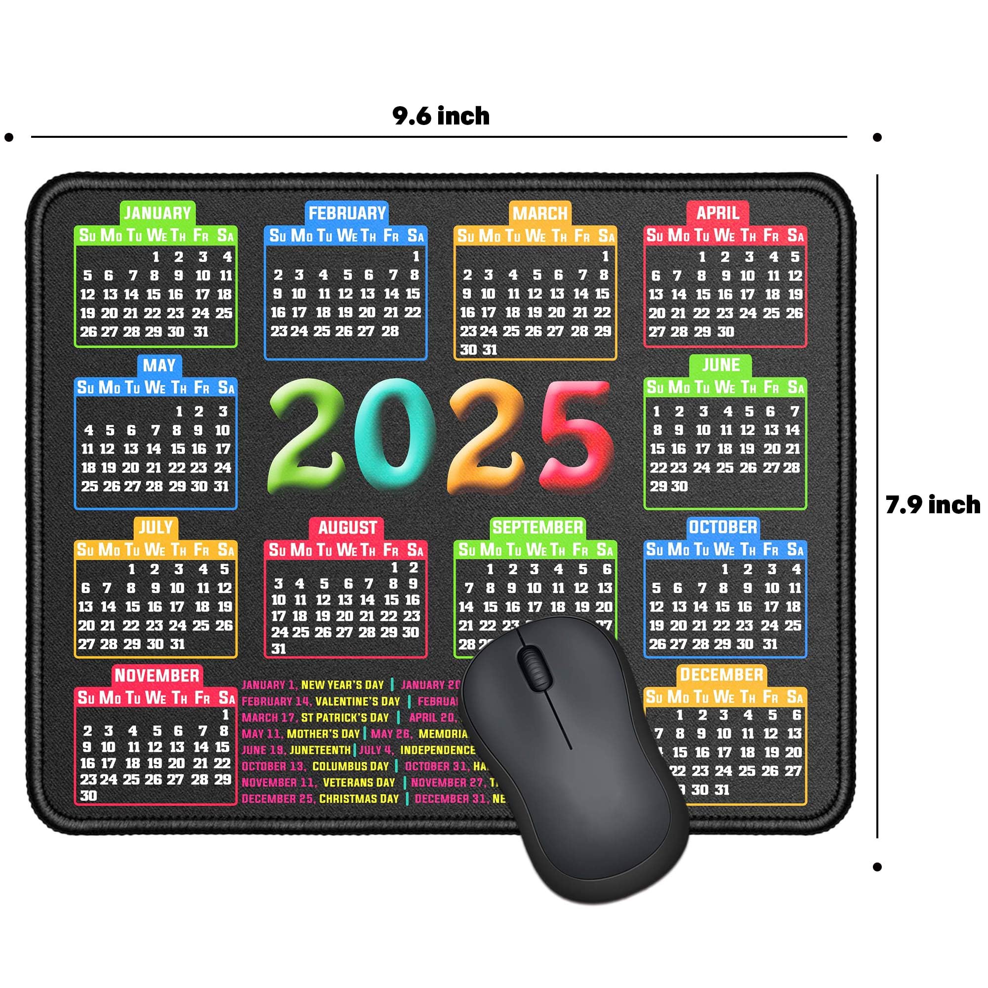 Premium Non-Slip Mouse Pad with Stitched Edges - 9.6x7.9x0.1 Inch Computer Mouse Mat with Rubber Base for Laptop & PC (2025 Calendar Black) - Perfect for Office, Gaming & Home Workspaces