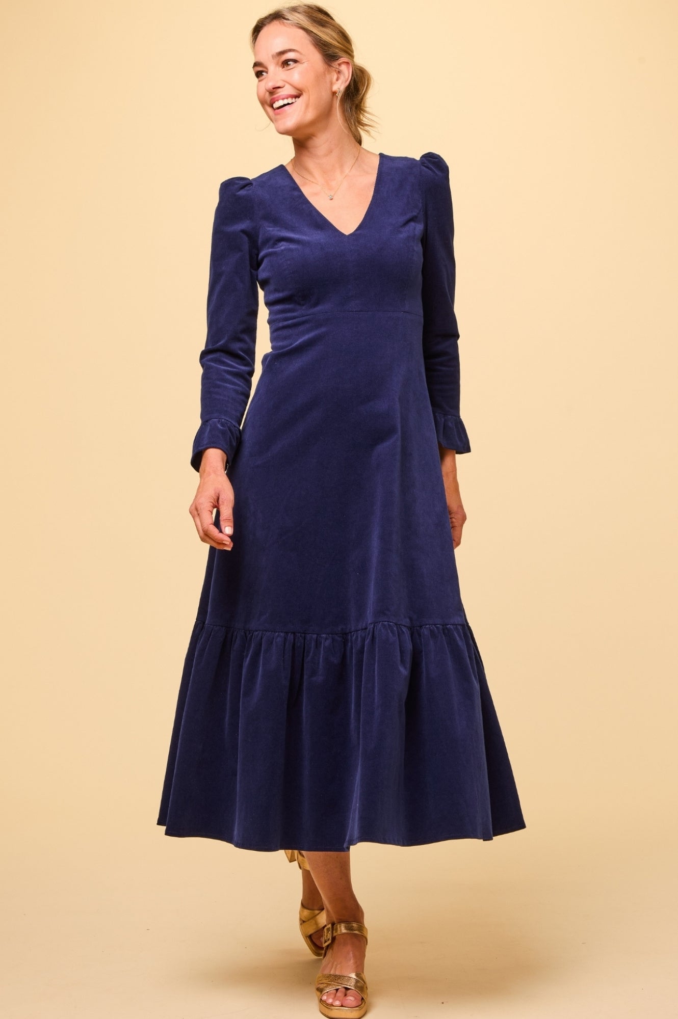 Victoria V Neck Long Sleeve Stretch Corduroy Dress for Women - Atlantic Blue | Comfortable & Stylish Fall Outfit for Work, Date Night & Casual Wear