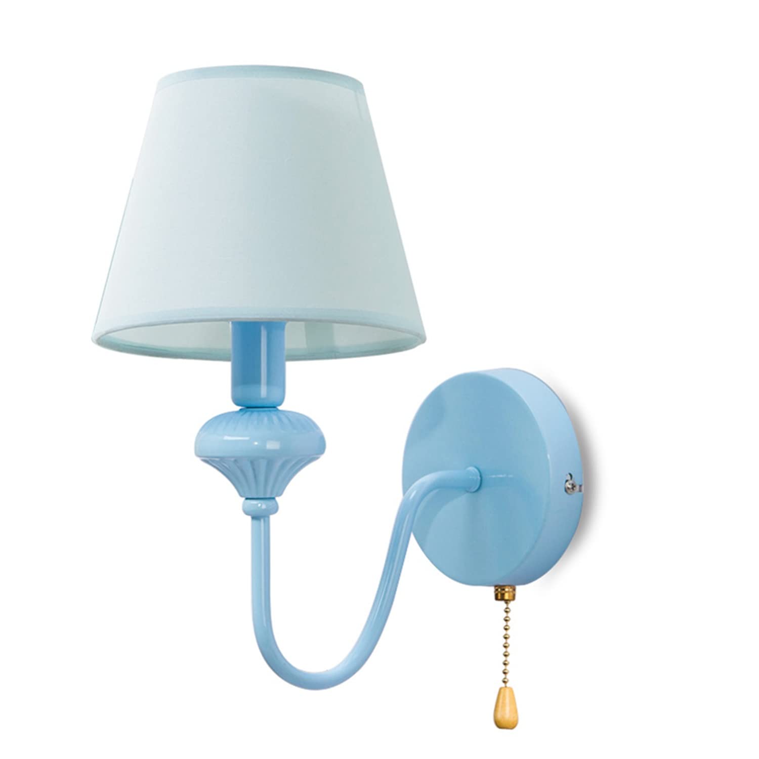 E14 Wall Lamp with Switch/Pull Chain - Kids Room Reading Light for Bedrooms - Metal & Cloth Lampshade - Perfect for Boys' Bedroom, Nursery, and Study Room Lighting