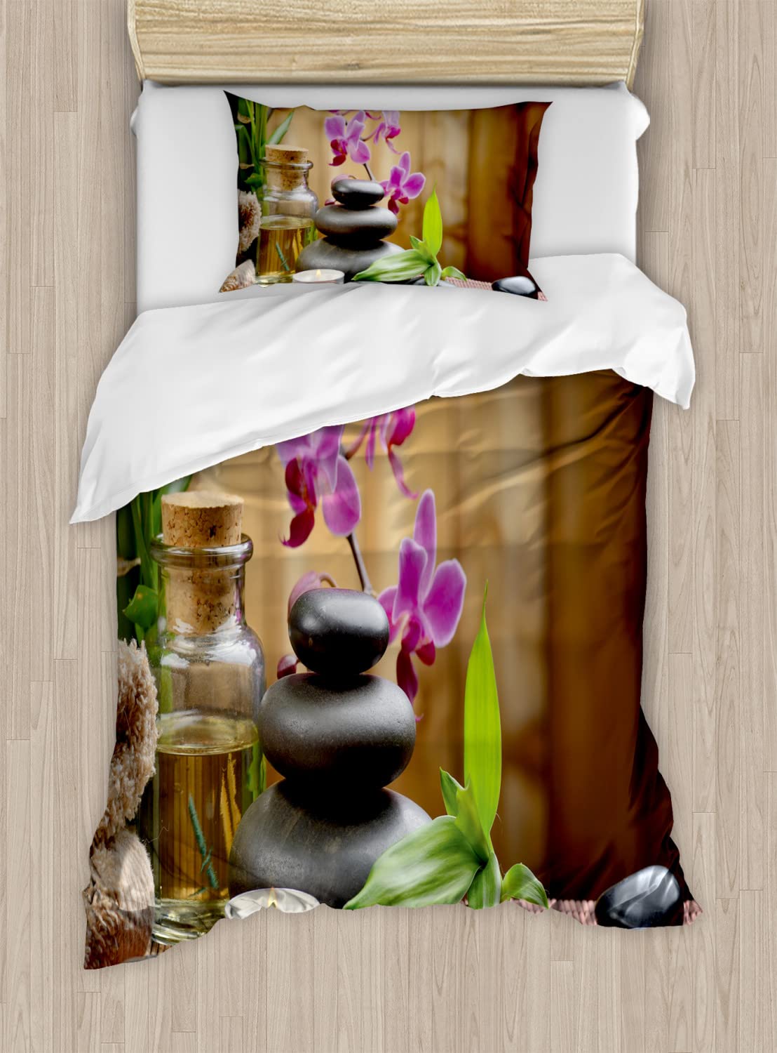 Ambesonne Spa Duvet Cover Sets - 2 Pack Cal King Size, Warm Welcoming Spa Design with Healing Stones, Candles & Flowers Print, Purple Black & Green Bedding Set (2 Duvet Covers + 4 Pillowcases) | Perfect for Relaxing Spa Nights, Guest Rooms & Luxury Hotel Style Bedrooms