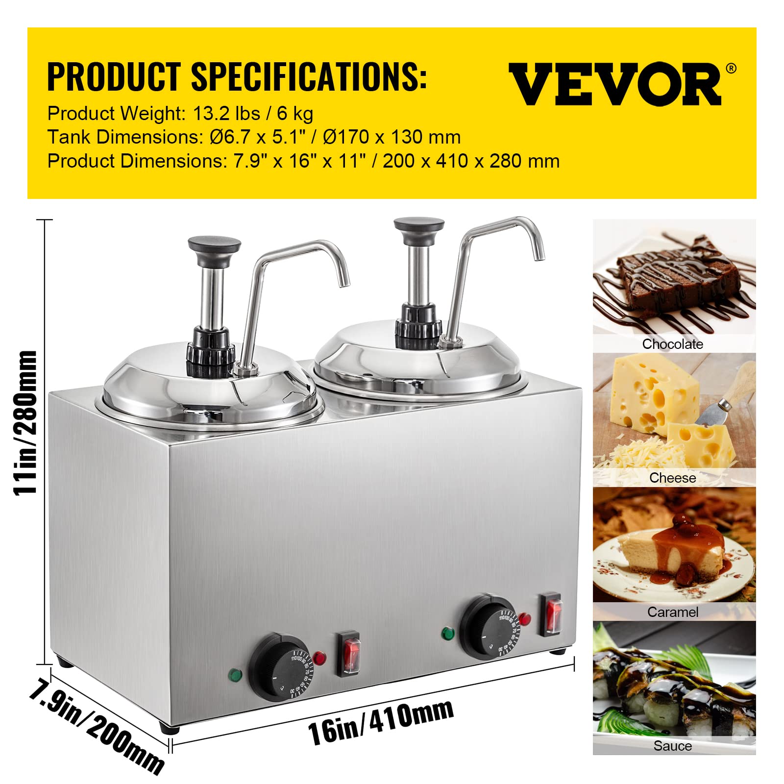 VBENLEM 5.28 Qt Commercial Cheese Dispenser with Pump - 1300W Hot Cheese Warmer & Fudge Warmer with Temperature Control - Perfect for Restaurants, Cafes, and Catering Services - Ideal for Melting Cheese, Chocolate, Caramel, and Fondue
