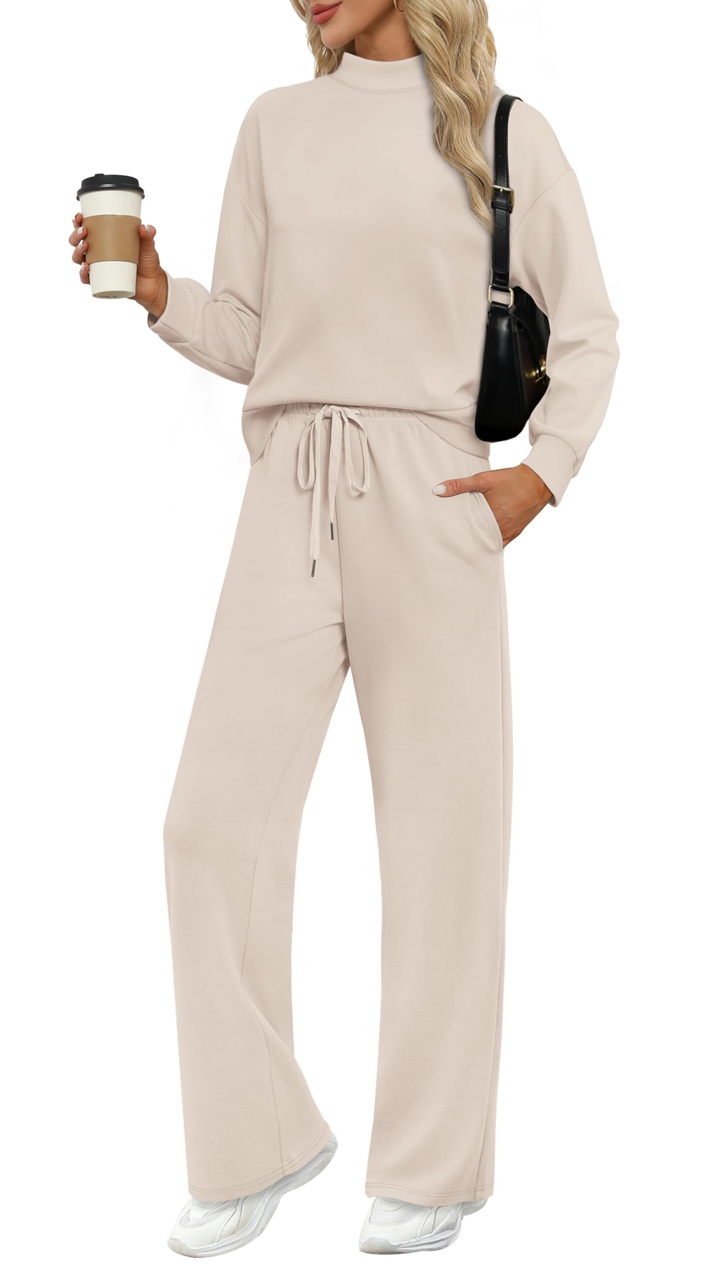 WIHOLL Women's Two Piece Lounge Set - Mock Neck Top & Wide Leg Pants for Fall | Comfy Travel Outfit for Vacation & Airport | Casual Chic Loungewear for Home & Outings