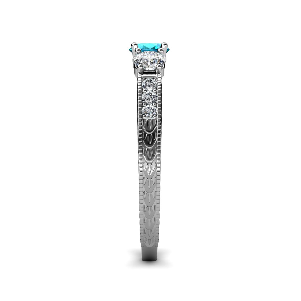 London Blue Topaz & Diamond Milgrain 3 Stone Ring - 0.85ctw Side Diamonds in 14K White Gold | Elegant Engagement, Anniversary & Gift Jewelry for Women