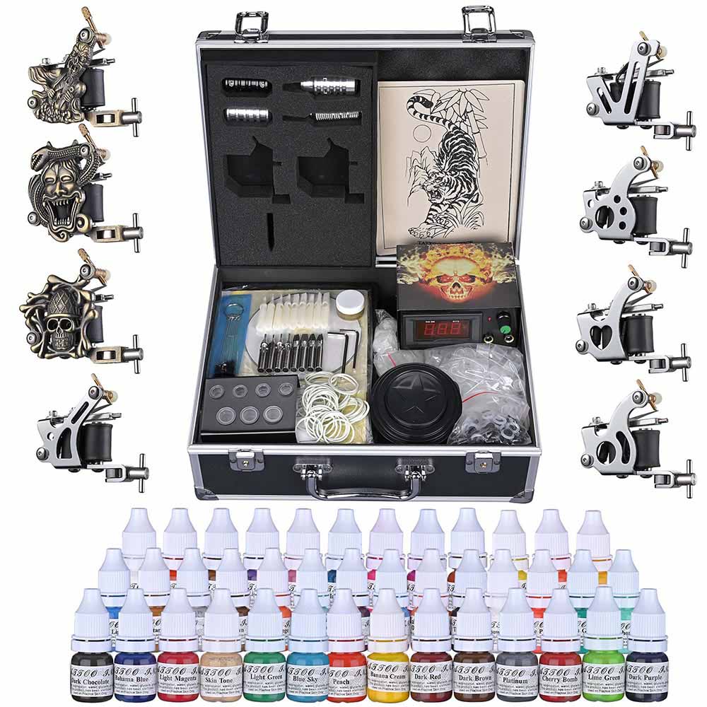 Professional Tattoo Kit with 8 Machines, LCD Power Supply & 40 Ink Colors - Complete Starter Set with Carrying Case - Perfect for Beginners & Professional Tattoo Artists at Home or Studio