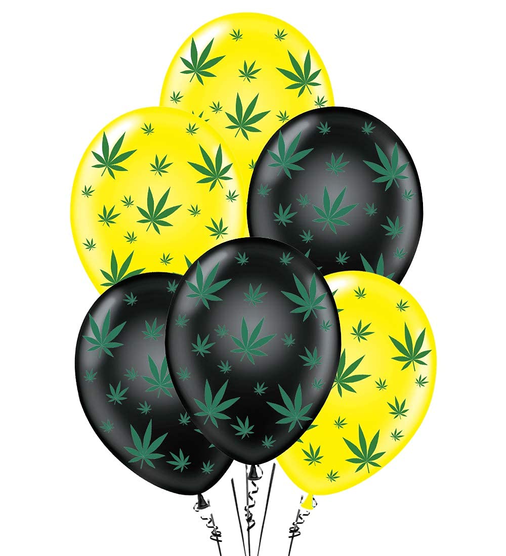 Premium 11in Yellow & Black Marijuana Balloons with Green Leaf Print - Pack of 50 for Stoner Parties, Cannabis-Themed Events & 420 Celebrations
