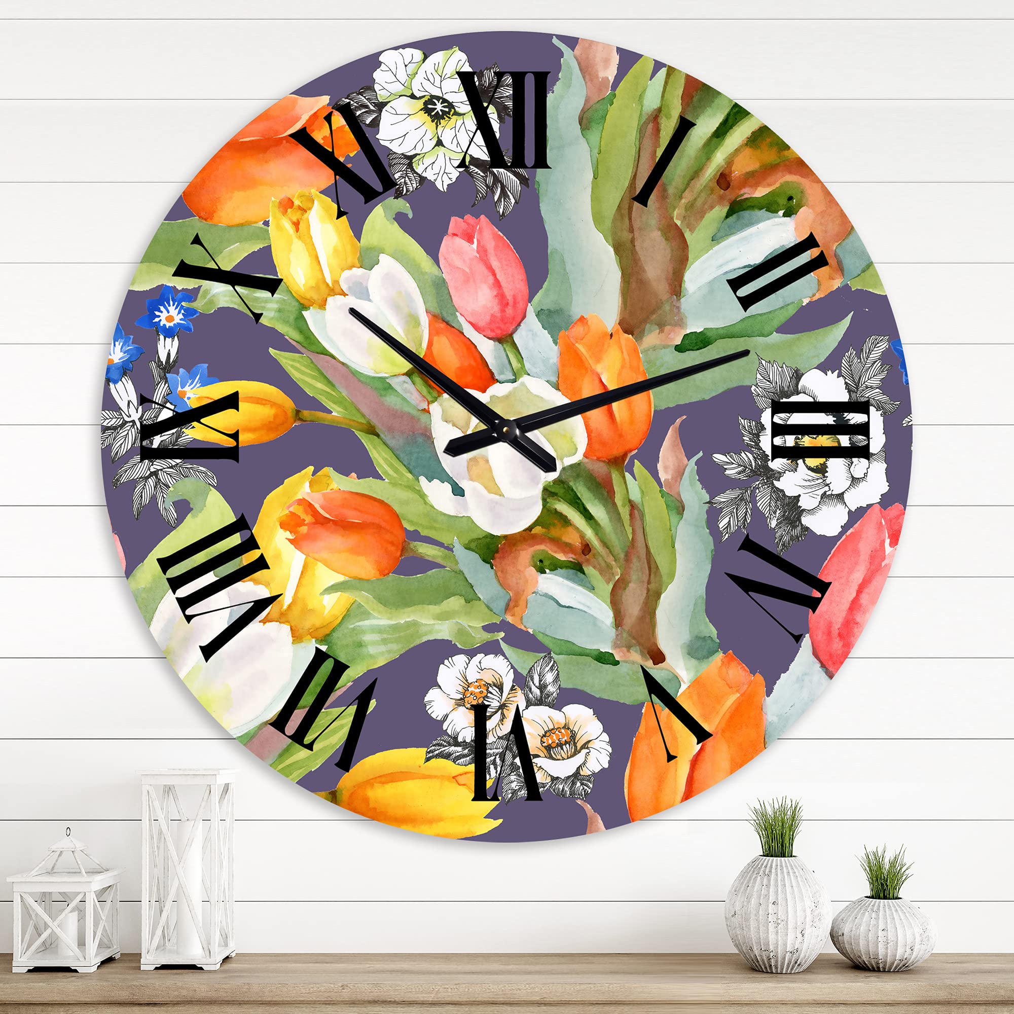 Blooming White and Orange Tulips Wall Clock - Large Floral Botanical Decor for Living Room, Bedroom & Office | Silent Non-Ticking Home Décor