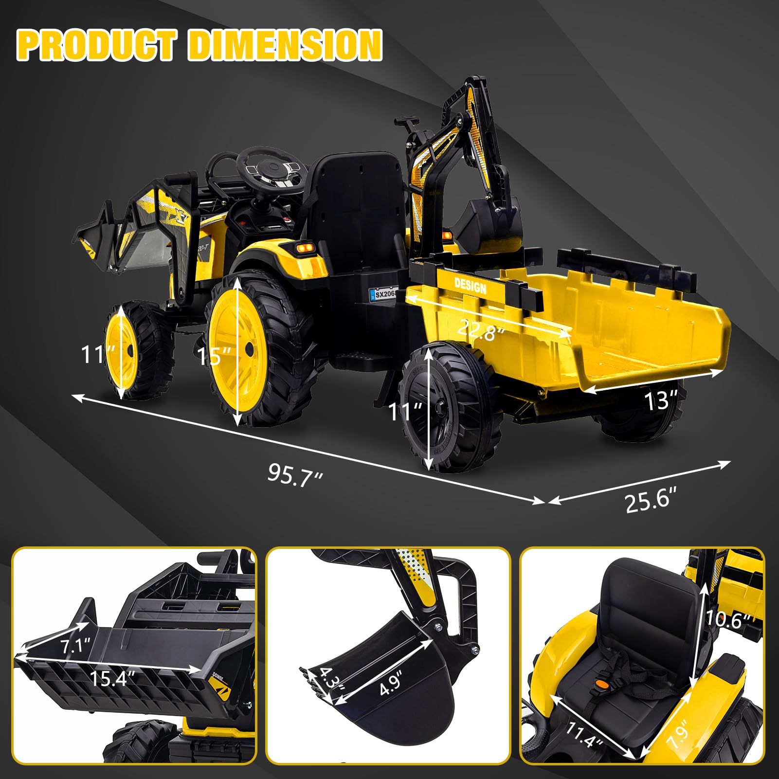 GARVEE 24V Electric 3-in-1 Ride-On Tractor with Excavator & Bulldozer - Remote Control Kids Toy with LED Lights, Music, USB/Bluetooth - Supports Up to 66 lbs - Bright Yellow - Perfect for Outdoor Play, Backyard Fun & Construction Pretend Play