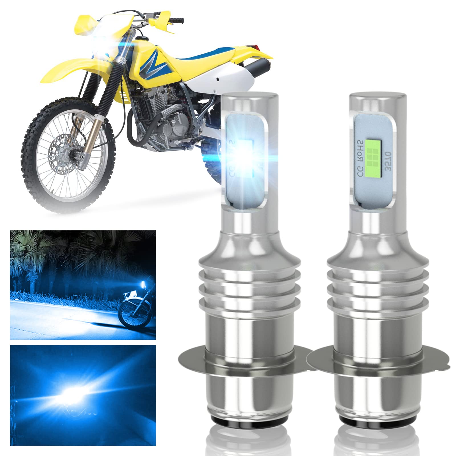 2001-2003 Suzuki DR-Z 250 LED Headlight Bulbs Kit - P15D H6M High/Low Beam Replacement (1500LM, 8000K Ice Blue) - Plug & Play - Pack of 2 - Perfect for Night Riding & Off-Road Adventures