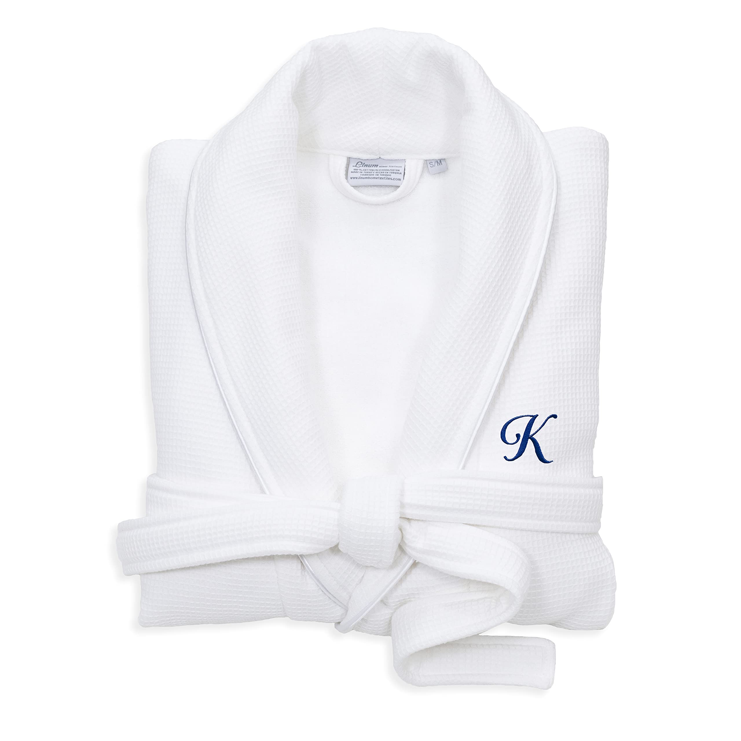 Premium White Unisex Turkish Cotton Waffle Weave Bathrobe - Navy Blue Monogram - Large/X-Large - Soft & Absorbent Spa Robe for Relaxation at Home or Hotel