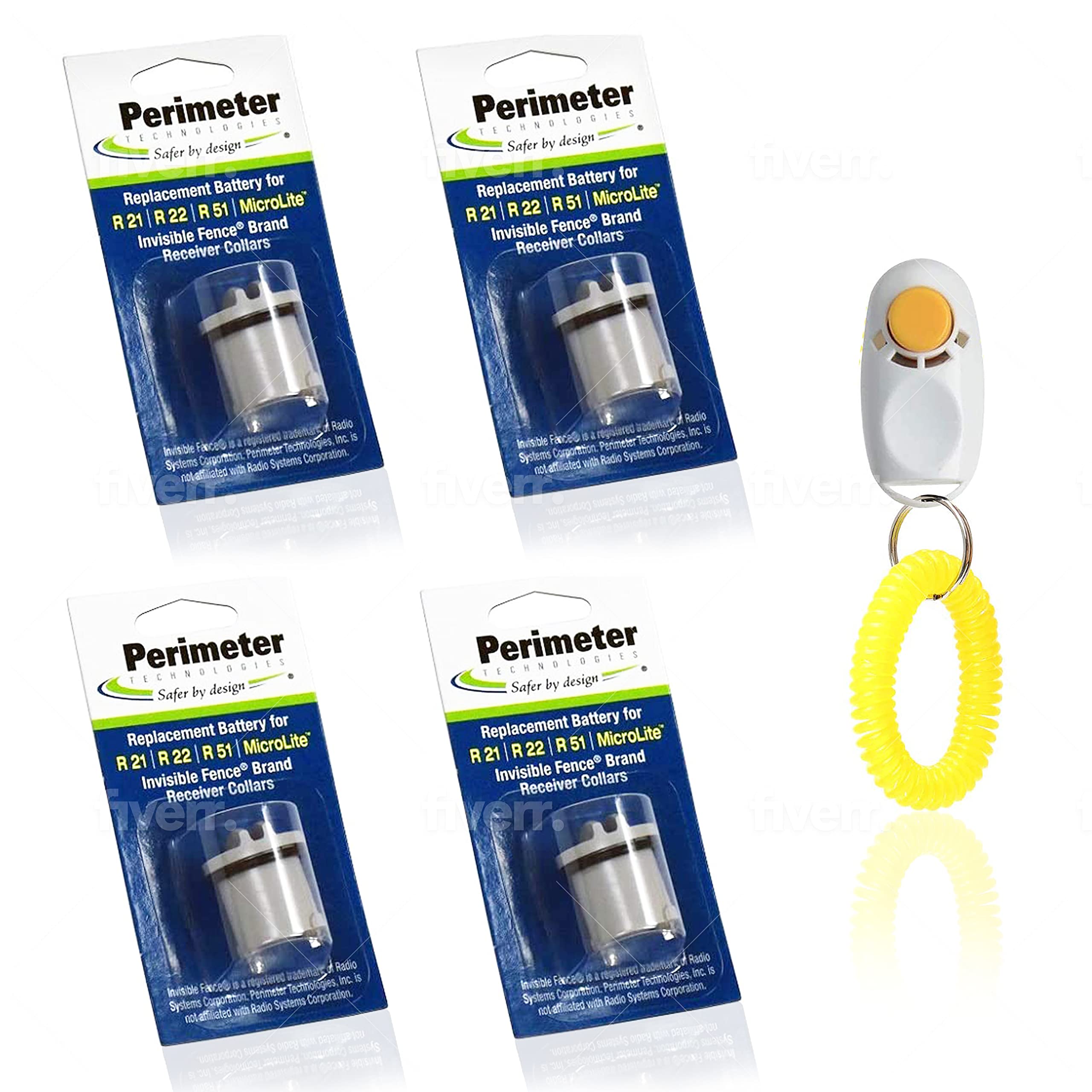 Perimeter Technologies R21/R51 Dog Collar Replacement Batteries - 4 Pack | Compatible with Invisible Fence Systems | Includes ElectroPet Training Clicker | Perfect for Pet Containment & Training Solutions
