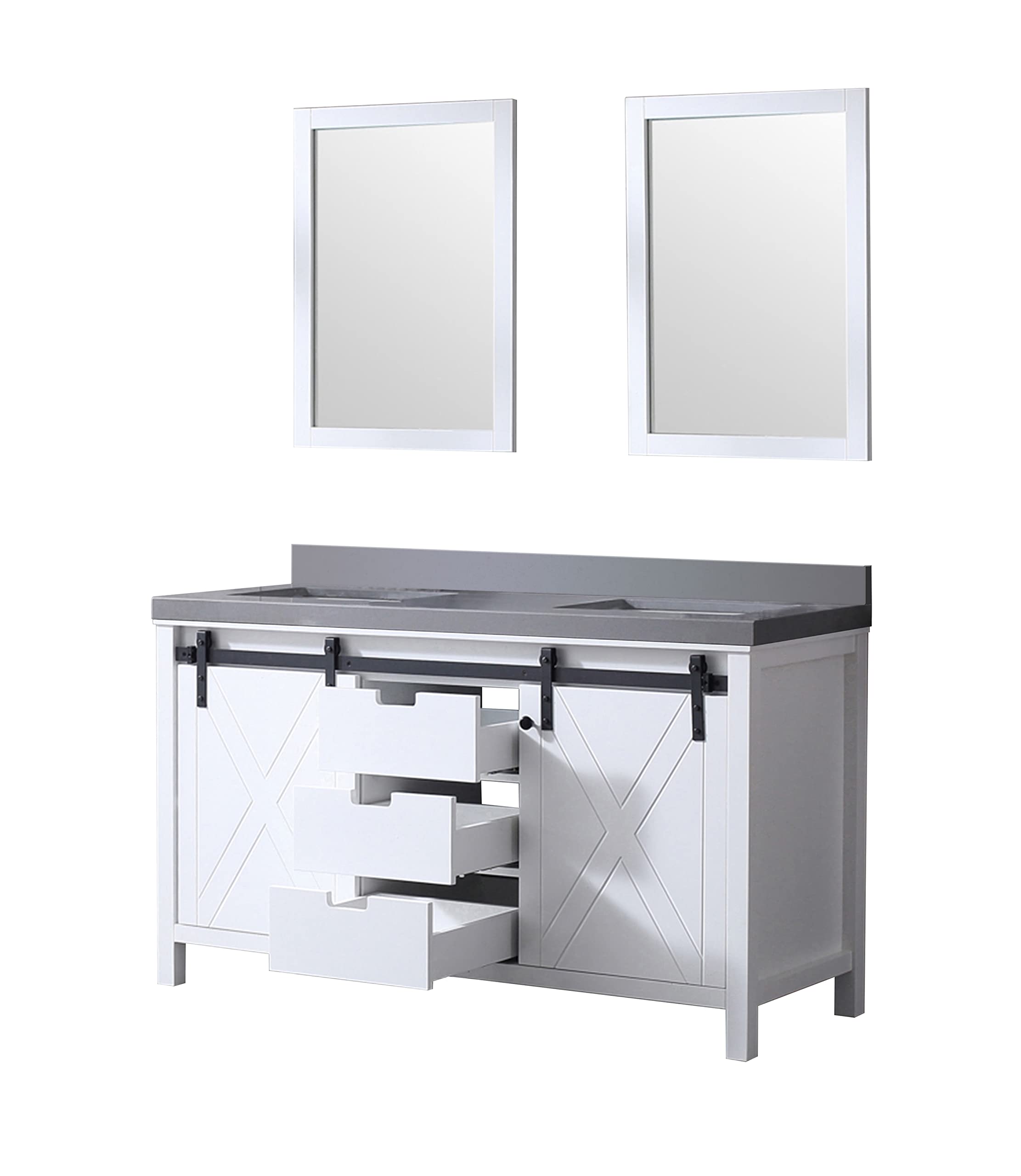 Ketchum 60-Inch White Double Bathroom Vanity with Grey Quartz Countertop & 24-Inch Mirrors - Modern Bathroom Furniture for Master Bath or Guest Bath Renovation