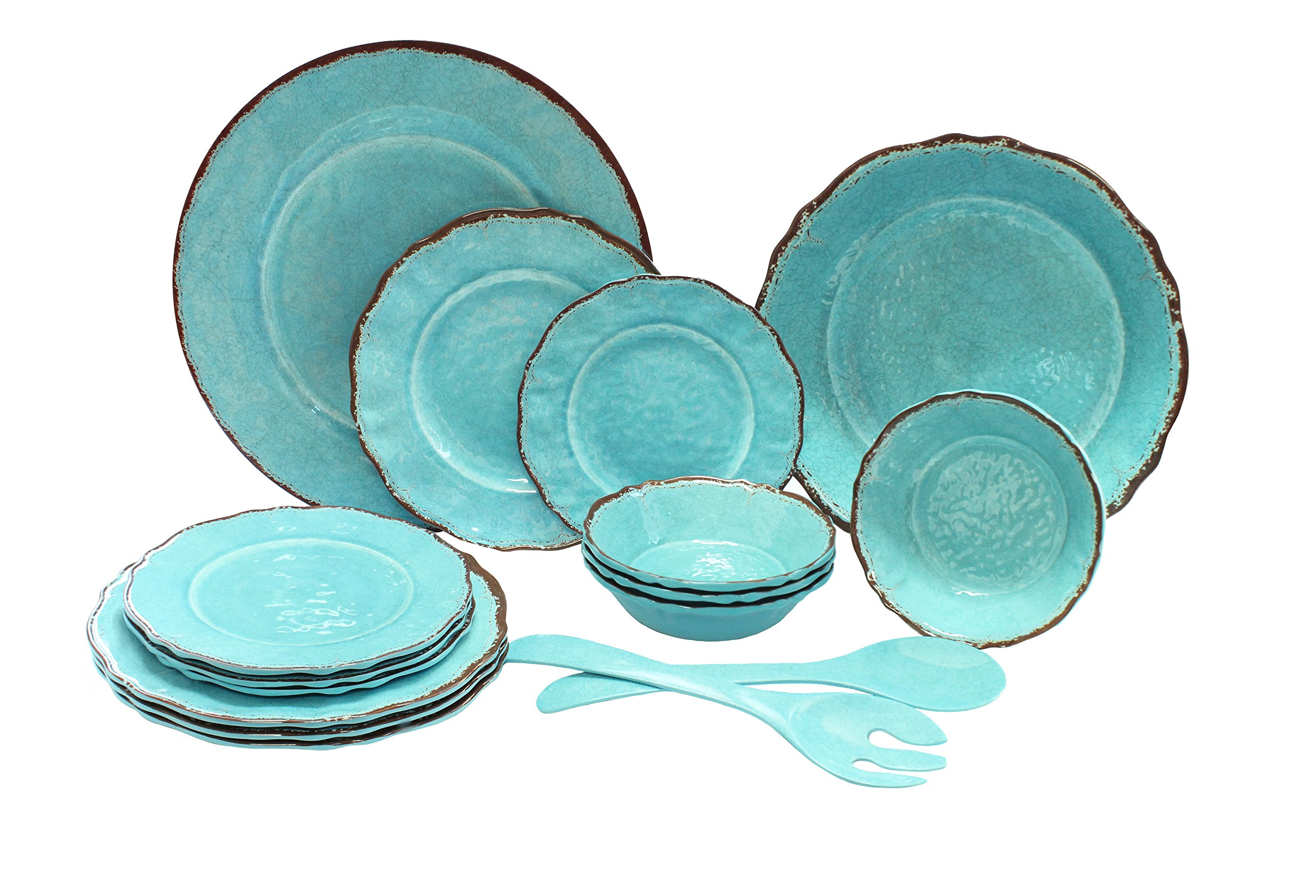 Luxury 16-Piece Melamine Dinnerware Set for 4 - Antiqua Turquoise | Shatterproof & Lightweight Dinner Plates, Bowls, Cups | Perfect for Outdoor Dining, Picnics, Camping & Everyday Use