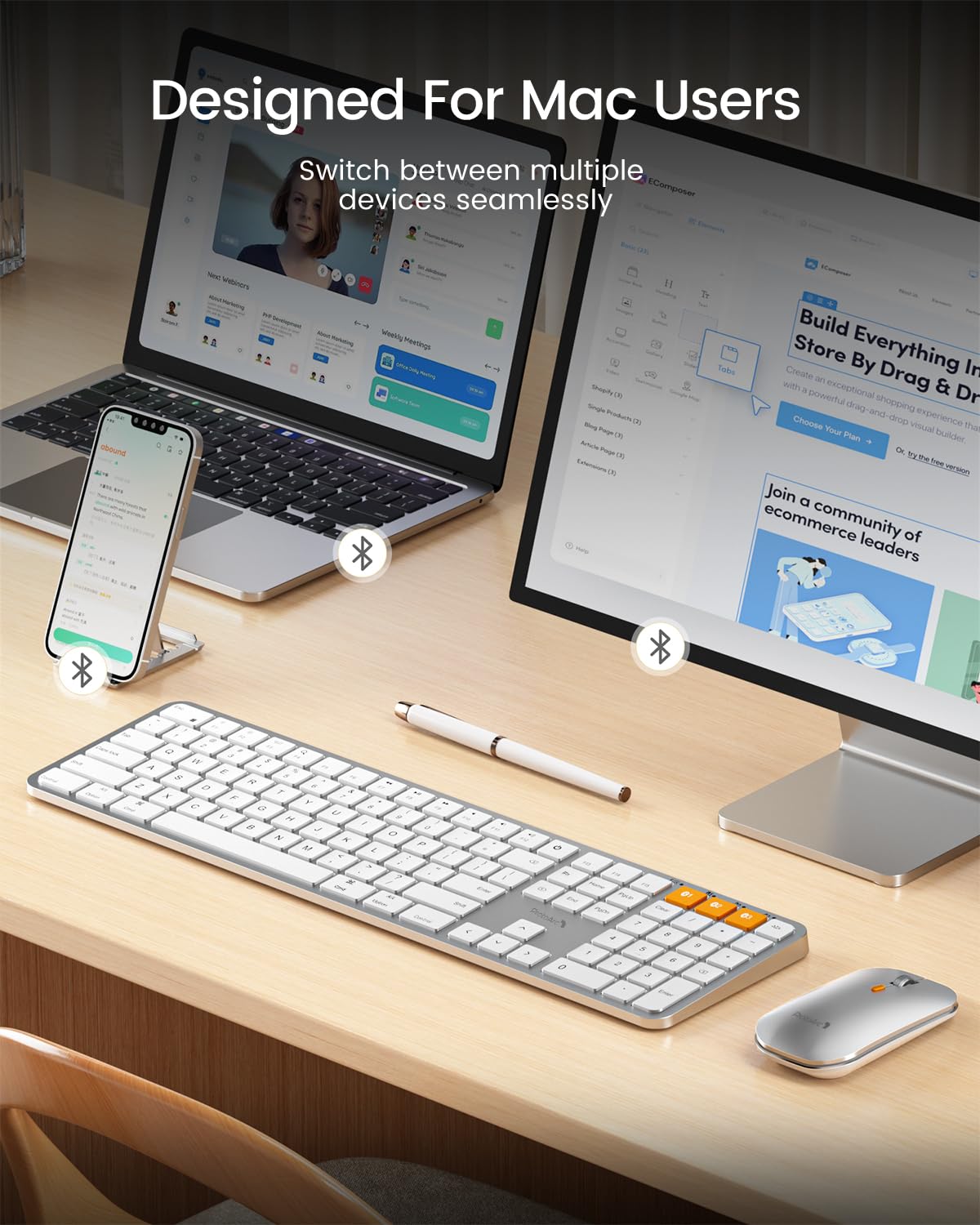 ProtoArc KM100-A Wireless Bluetooth Keyboard and Mouse Combo for Mac - Full-Size Rechargeable Backlit Keyboard with Multi-Device Connectivity for MacBook Pro/Air, iMac, iPhone & iPad (White Silver) - Perfect for Home Office, Gaming & Productivity