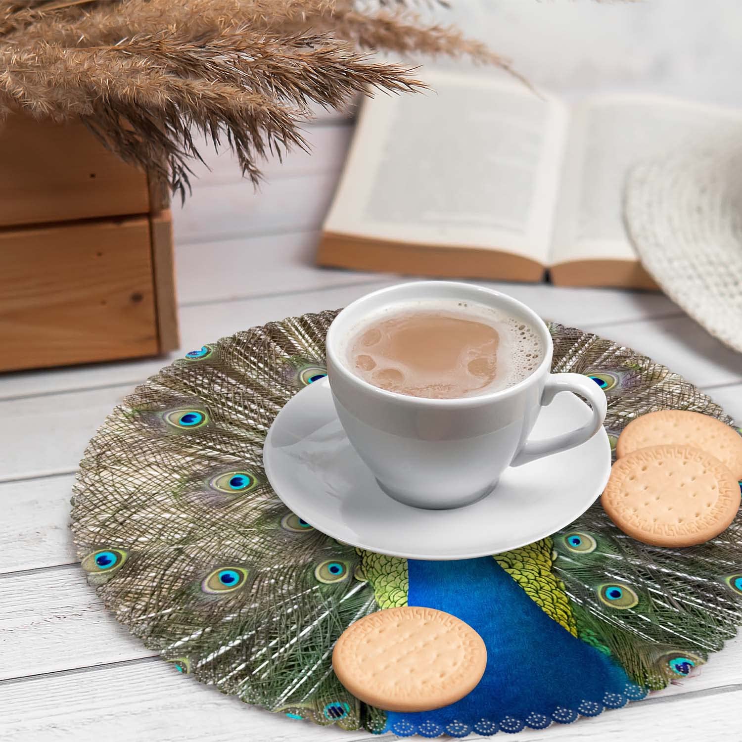 Round Heat-Resistant Washable Polyester Placemats Set of 4 - Peacock Design for Kitchen & Dining Table Decor | Perfect for Everyday Meals, Dinner Parties, and Holiday Gatherings