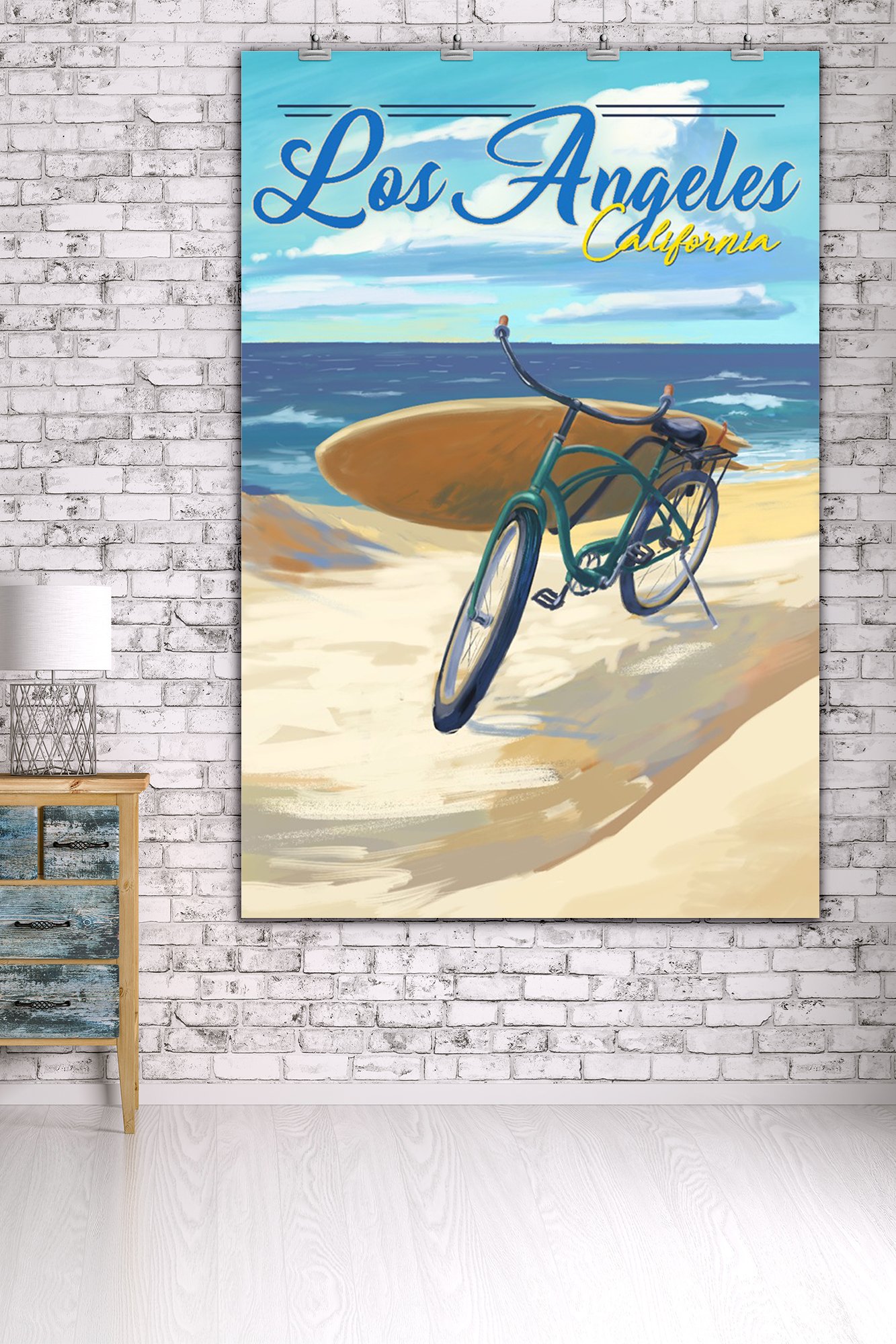 California Beach Cruiser and Surfboard Art Print - 36x54 Giclee Gallery Wall Decor | Los Angeles Coastal Travel Poster for Beach House, Surf Shop & Vacation Home Decor