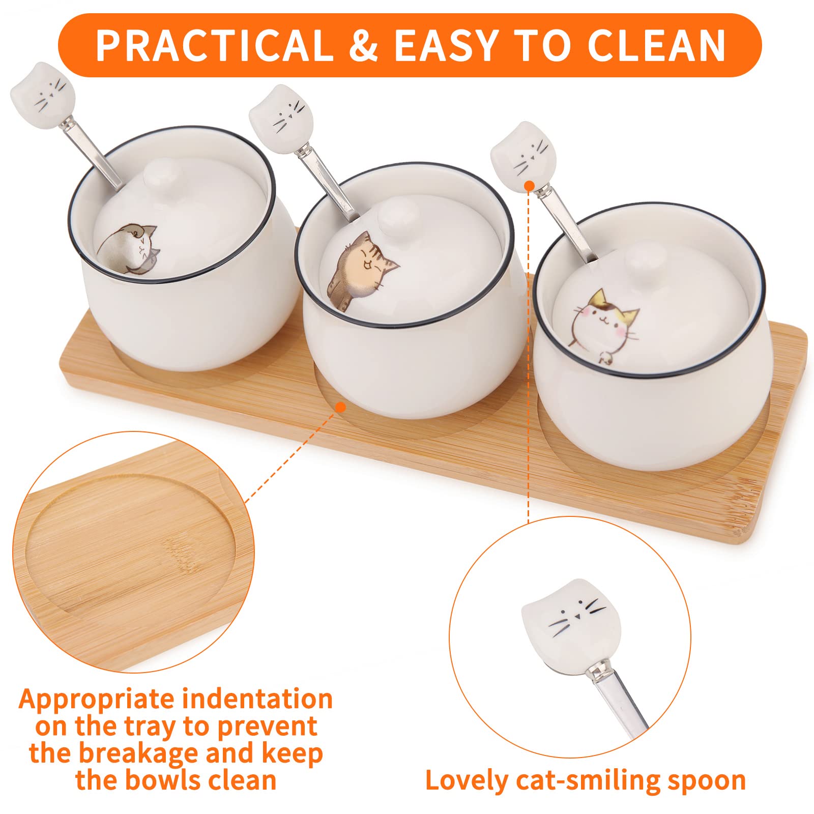 Premium Ceramic Sugar Bowls Set with Lids & Spoons - 8.1oz/240ml White Condiment Jars for Salt, Pepper & Seasonings - Includes Bamboo Tray - Perfect for Kitchen, Dining Table & Coffee Bar Organization