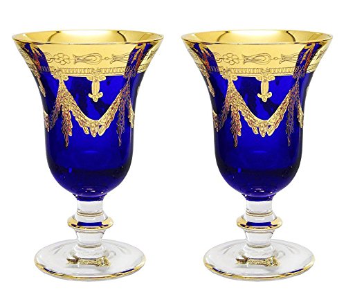 Premium Set of 2 Crystal Wine Glasses - 24K Gold-Plated Blue Goblets for Elegant Dining & Special Occasions | Perfect for Champagne, Cocktails & Wedding Toasts