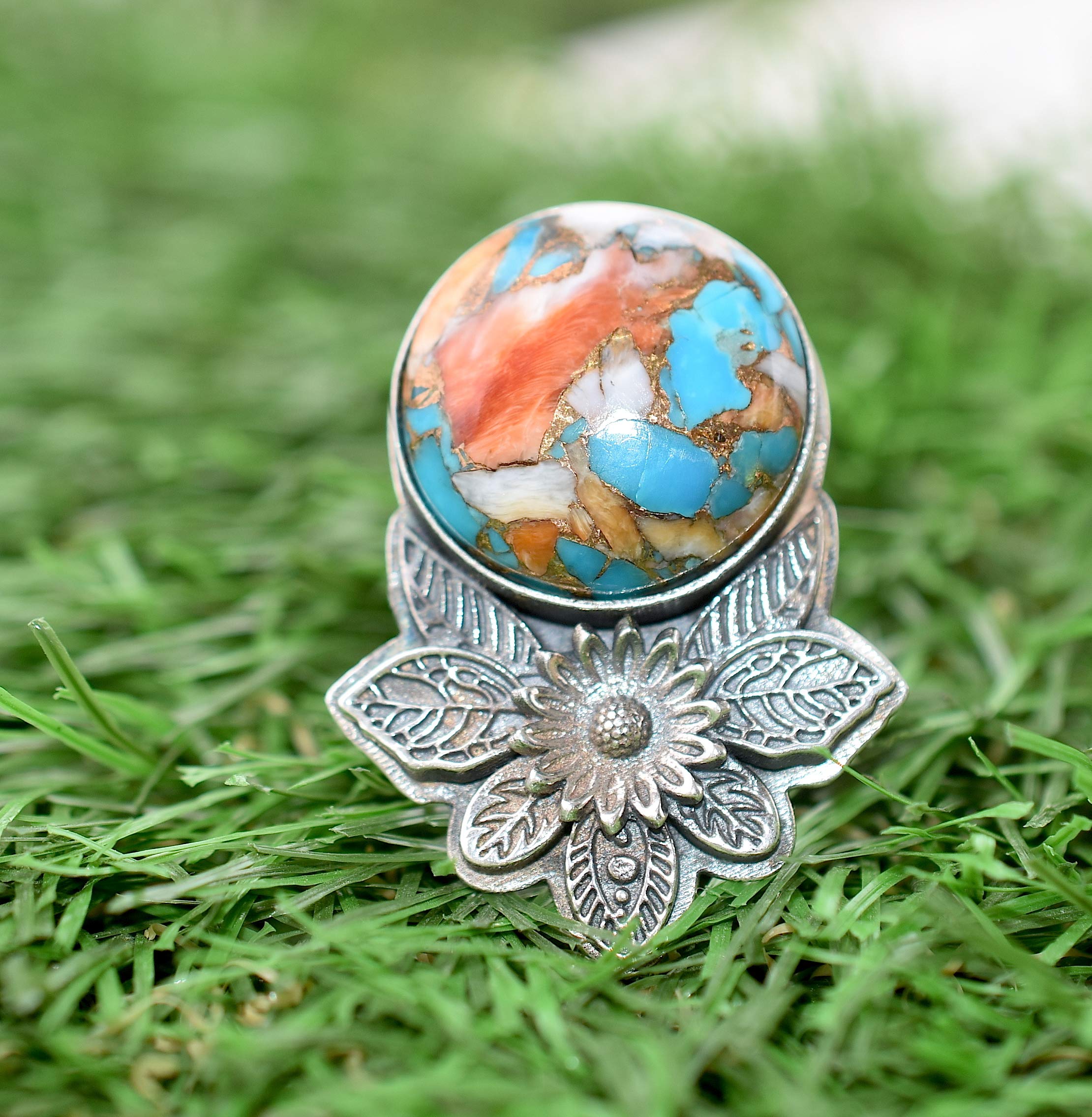 Vintage Oyster Copper Turquoise 925 Sterling Silver Ring - Handmade Boho Jewelry - Unique Hippie & Birthstone Ring - Perfect Birthday Gift for Women - TQ-07 | Ideal for Casual Wear, Festivals & Special Occasions